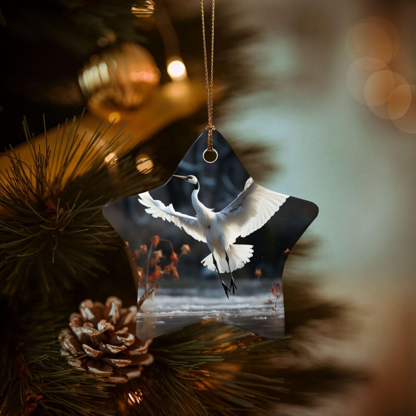 Christmas Ornaments for Christmas Tree Decoration Hanging Crane Dancing Ornament with Gold Ribbon Crafts Star Shape Ceramic Pendant for Keepsake Gifts Xmas Decor Party Supplies