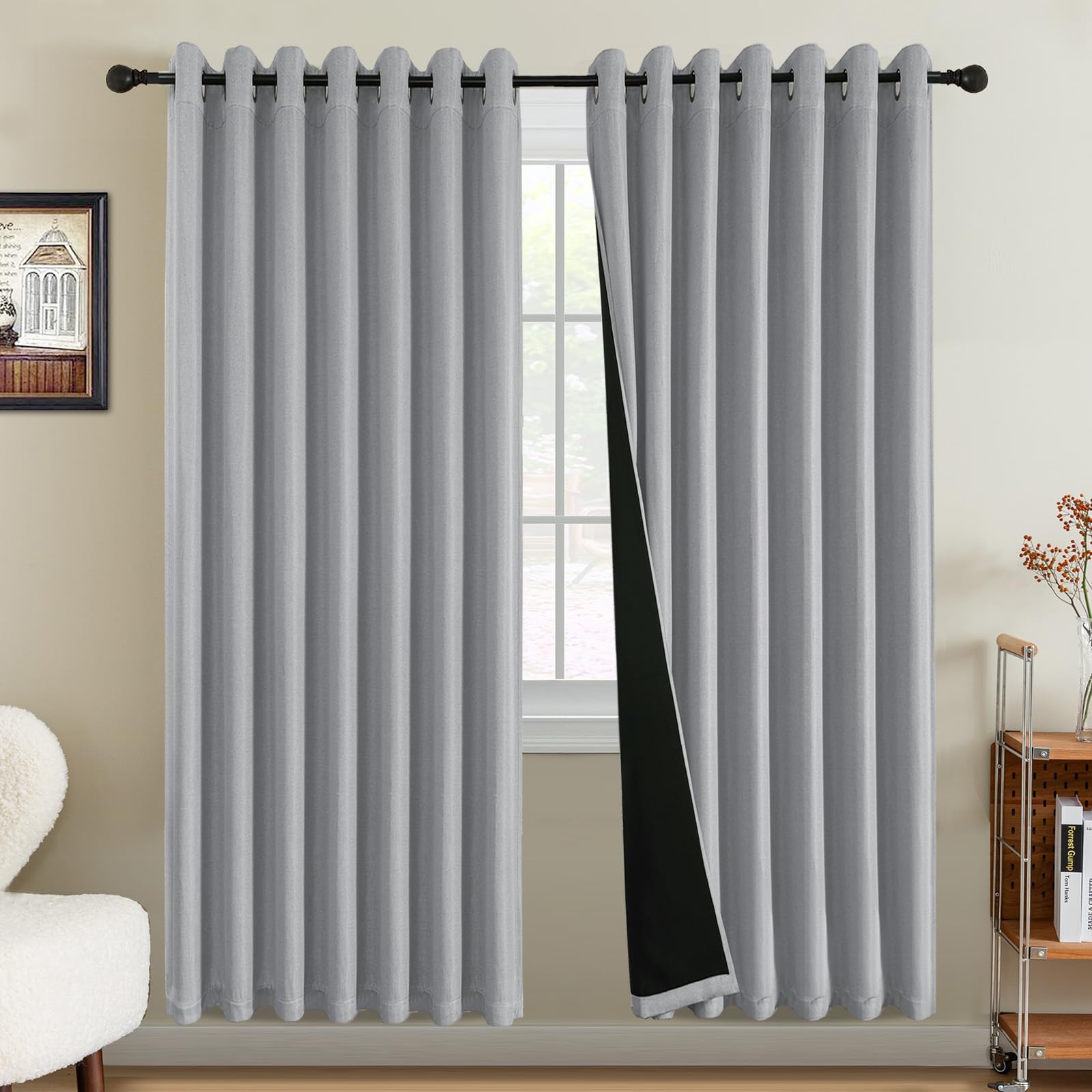 Bellahills Heather Grey 100% Blackout Curtains For Bedroom Thermal Faux Linen Curtain For Living Room Burlap Textured Eyelet Curtains & Drapes, 2 Panels, 90 X 90 Inch,