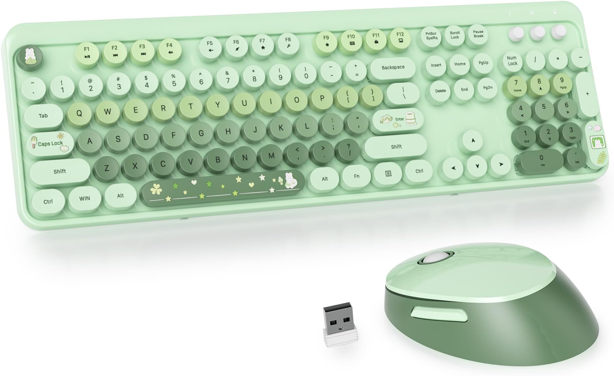 Guffercty kred GTSP Typewriter Colorful Green Wireless Keyboard and Mouse Combo, 2.4GHz Full-Size Retro Cute Office Computer Keyboard with Round Keycaps for Desktop Laptop and PC (Colorful Green)