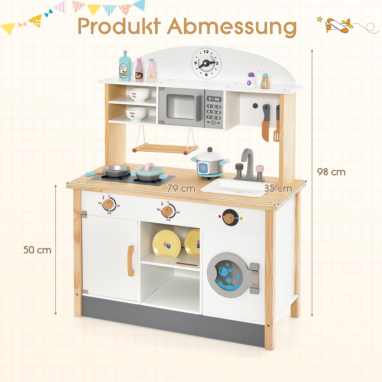 COSTWAY Kinderküche aus Holz, Spielküche inkl. 17 Zubehör, Spielzeugküche mit Mikrowelle, Waschmaschine, Waschbecker, Herde & Kochgeschirr, Holzküche für Kinder ab 3 Jahren