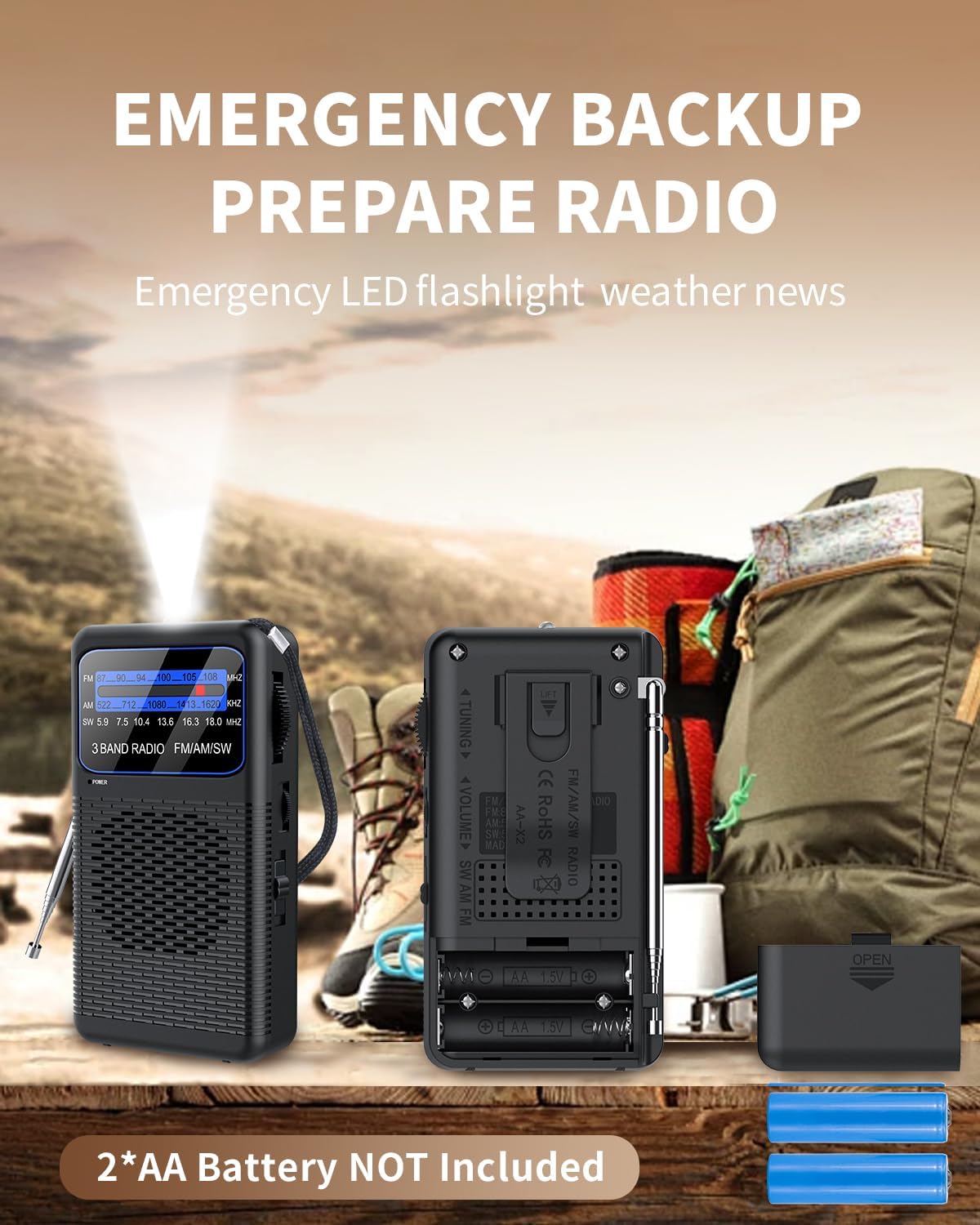 FM AM SW Back Clip Pocket Radio, Battery Operated Mini Radios, Portable Shortwave Transistor Radio with Emergency LED Flashlight & Headphone Jack for Elder/Kids (r88)
