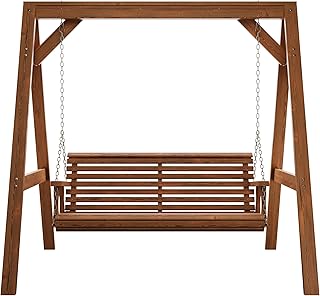 Amish Casual 5 Foot Roll Back Swing with A-Frame Stand in Oak - Freestanding Wood Porch Swing for Patio, Yard or Garden