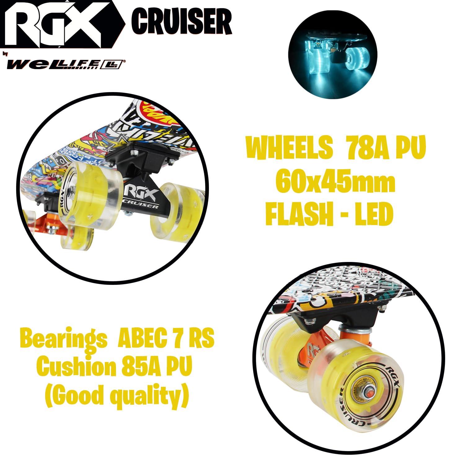 Skateboard Mini Cruiser WeLLIFE RGX - 56cm Con Ruote Luminose LED, Per Bambini E Adulti - Foto 10