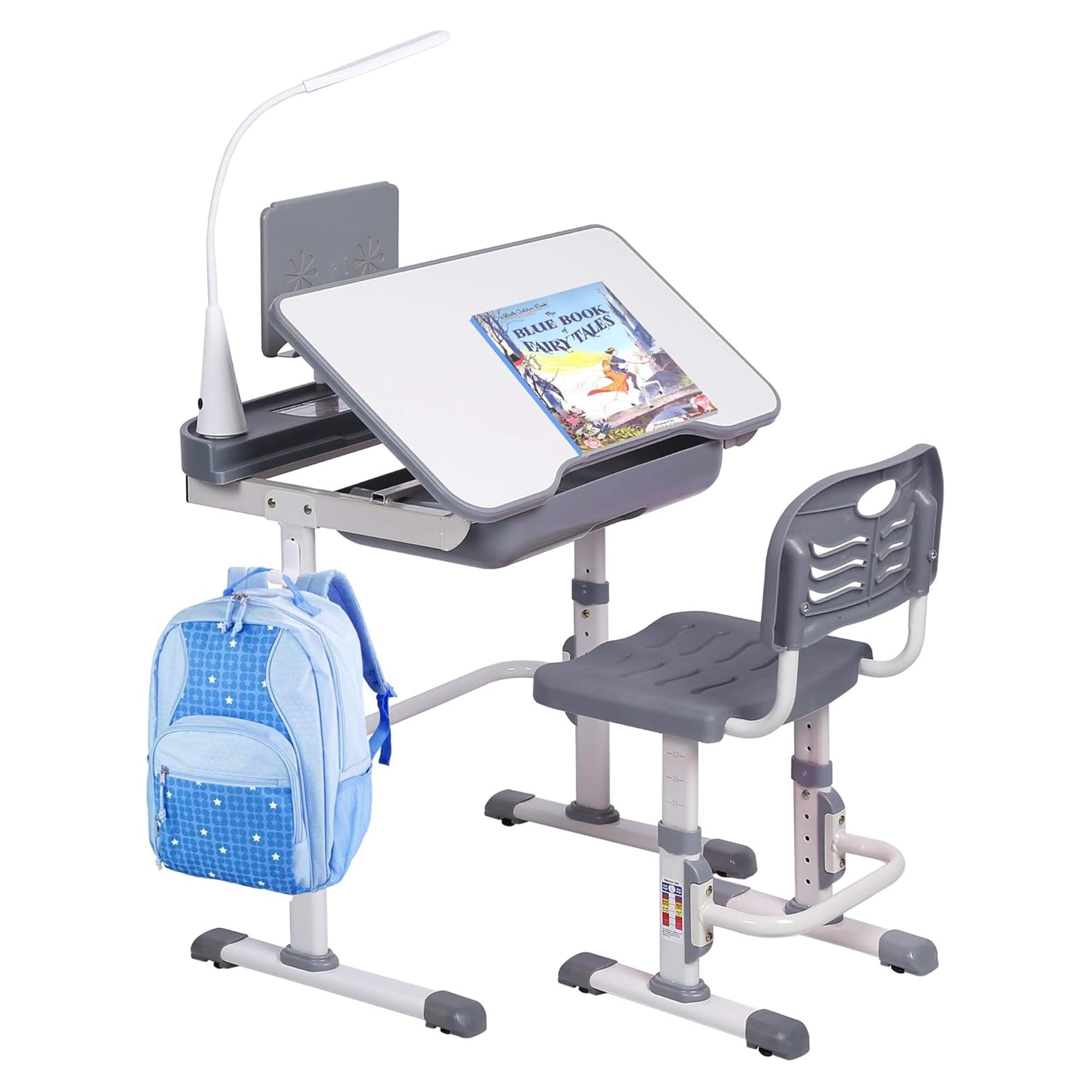 SMAGREHO Kids' Desk and Chair Set, Height Adjustable Child's School Study Writing Tables with Tilt Desktop, LED Light, Storage Drawer, Book Stand(Grey