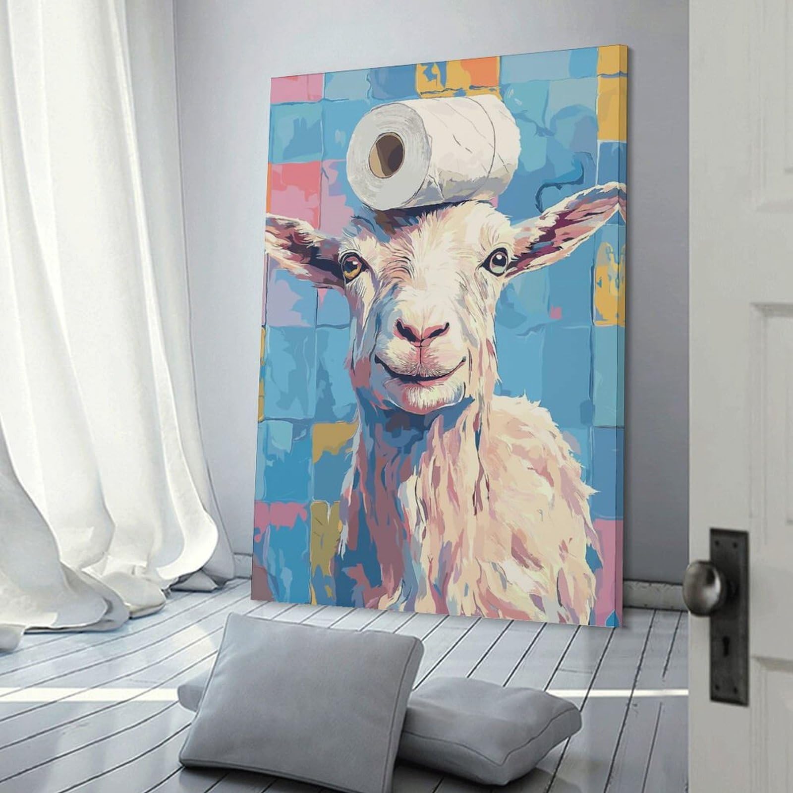 Junmoney Goat with Toilet Paper on Head Wall Picture Print 12x18inch(30x45cm), for Home Office, Desk Area Or Studio, Home Office Artwork with Decorative Appeal