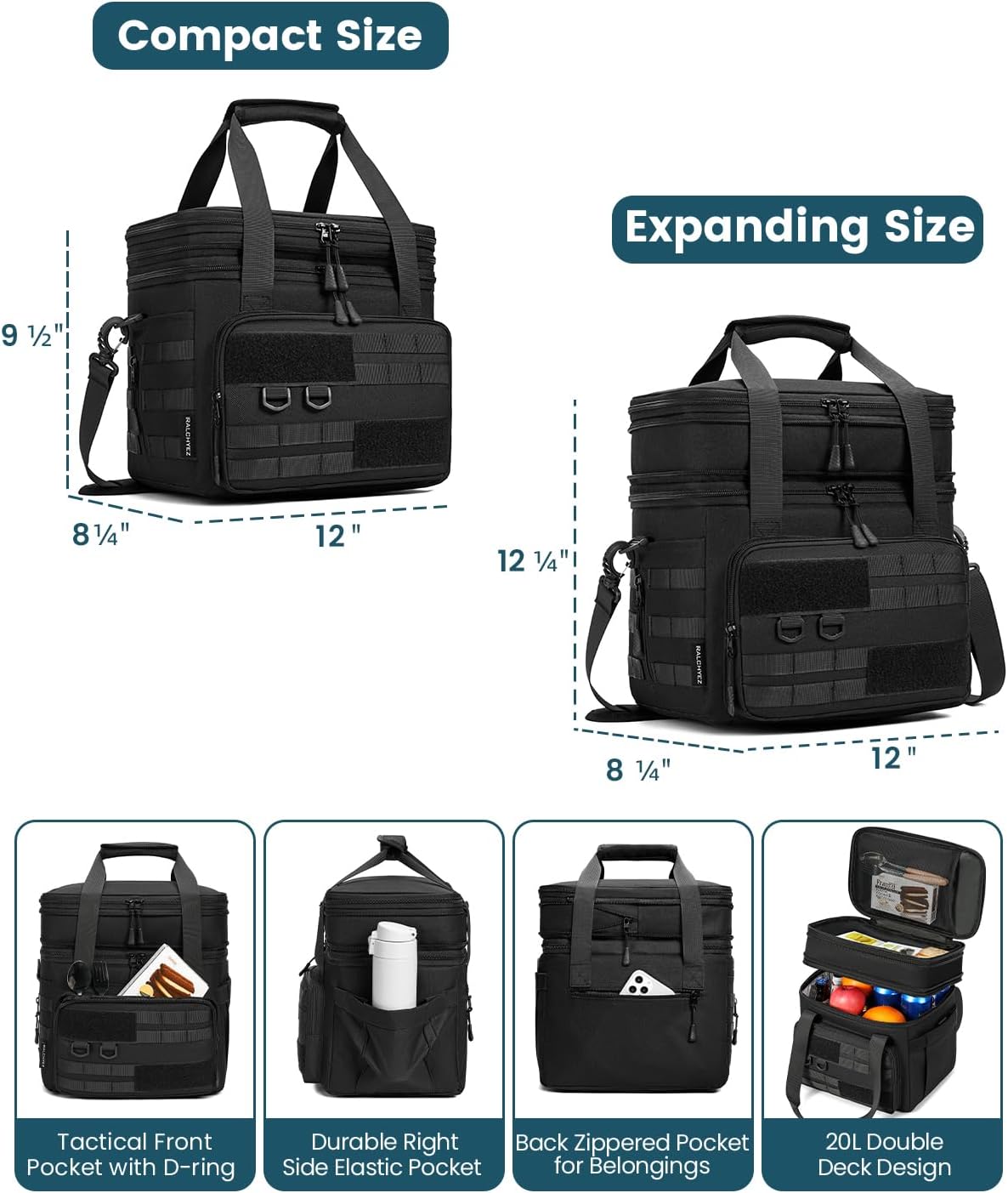 RalChyez Tactical Lunch Box, 20L Large Heavy Duty Double Deck Insulated Lunch Bag Leakproof Expandable Tote Cooler with Shoulder Strap for Adult Men Women Work Fishing Picnic Travel Black - Image 3