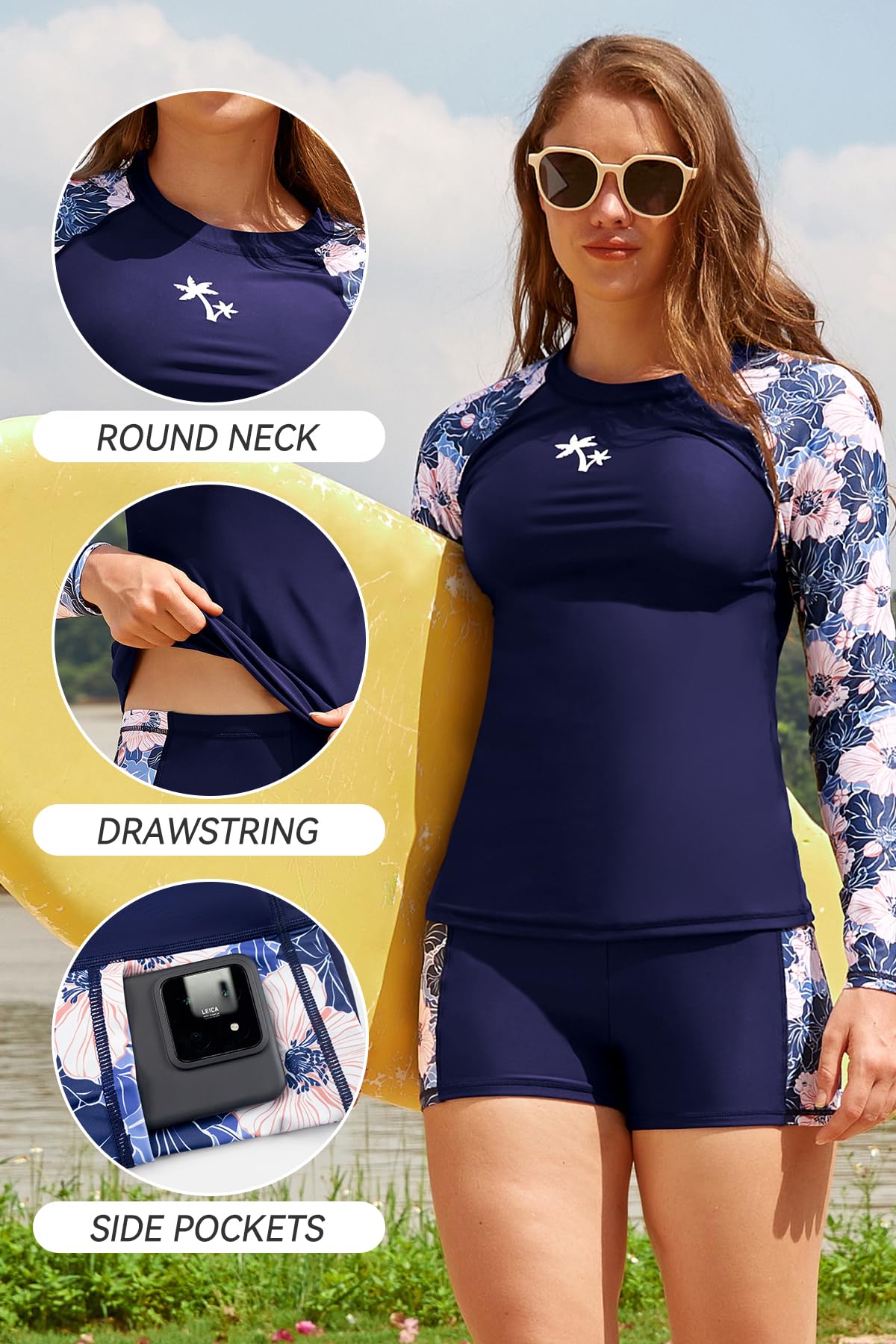 SHEKINI Conjunto de traje de baño de 2 piezas para mujer, camiseta de natación de manga larga y pantalón corto con bolsillos UPF50+, trajes de baño