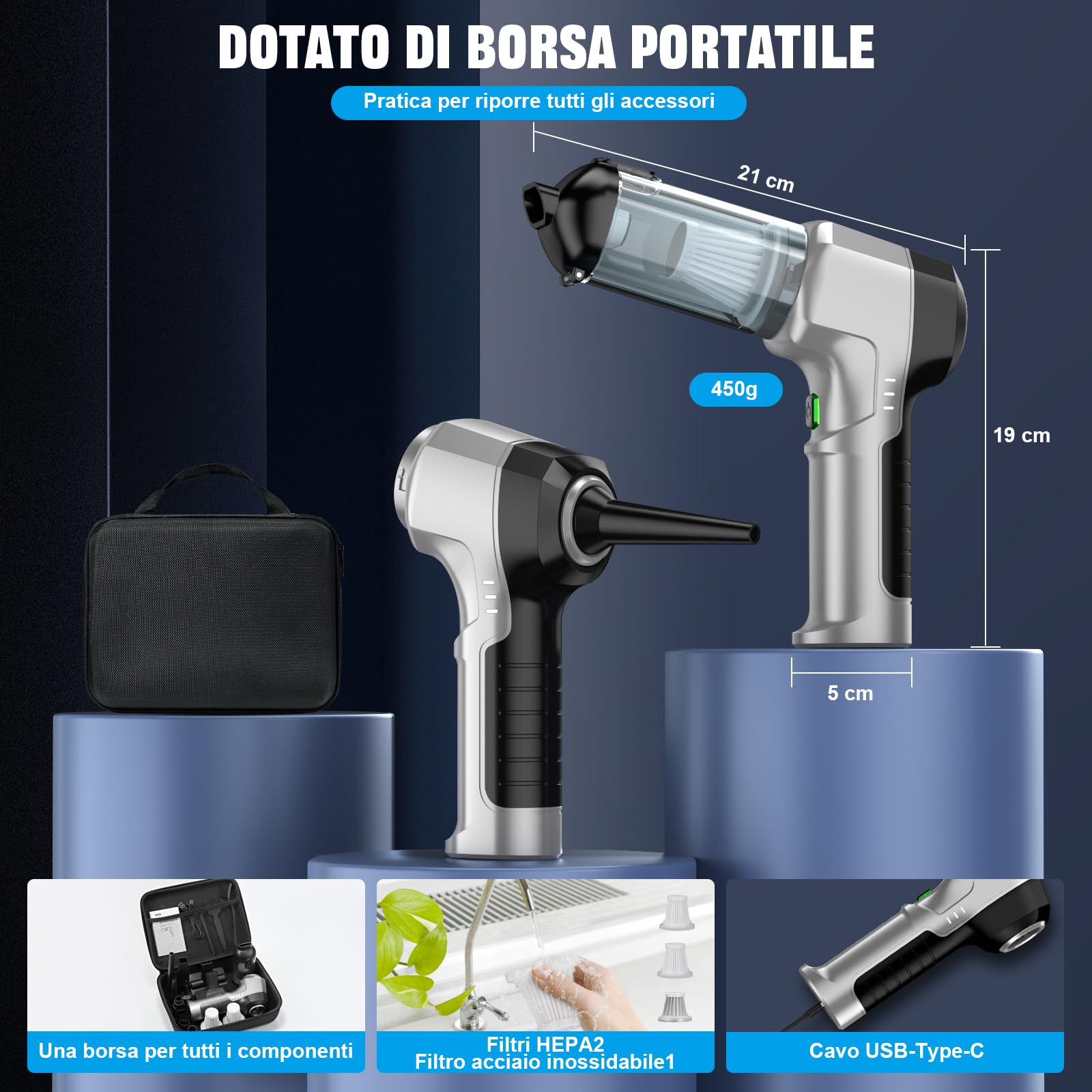Aspirapolvere a mano a batteria 4 in 1, per auto, forte, 25000 PA a 3 marce, 220000 giri/min, senza fili, per auto, cucina, PC, divano, ufficio, casa e animali domestici