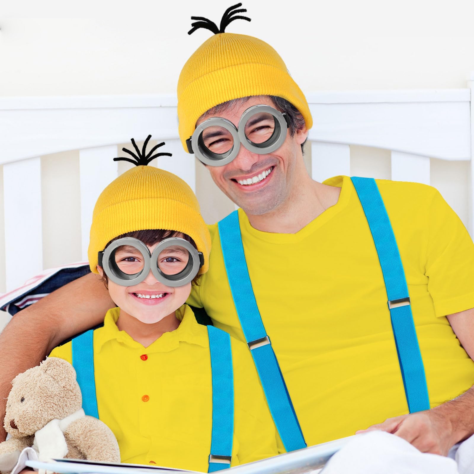 QTUN 4PCS Halloween Costume Accessories for Adult Fancy Dress Set including Yellow Beanie Hat Goggles Gloves Suspenders for Men Women Halloween Cosplay Dress up Outfits - Image 7