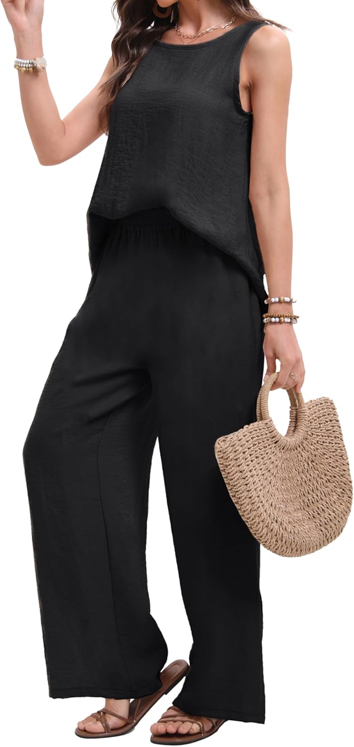 Women's 2 Piece Casual Outfits Sleeveless Top and Wide Leg Palazzo Pants Set - Image 5