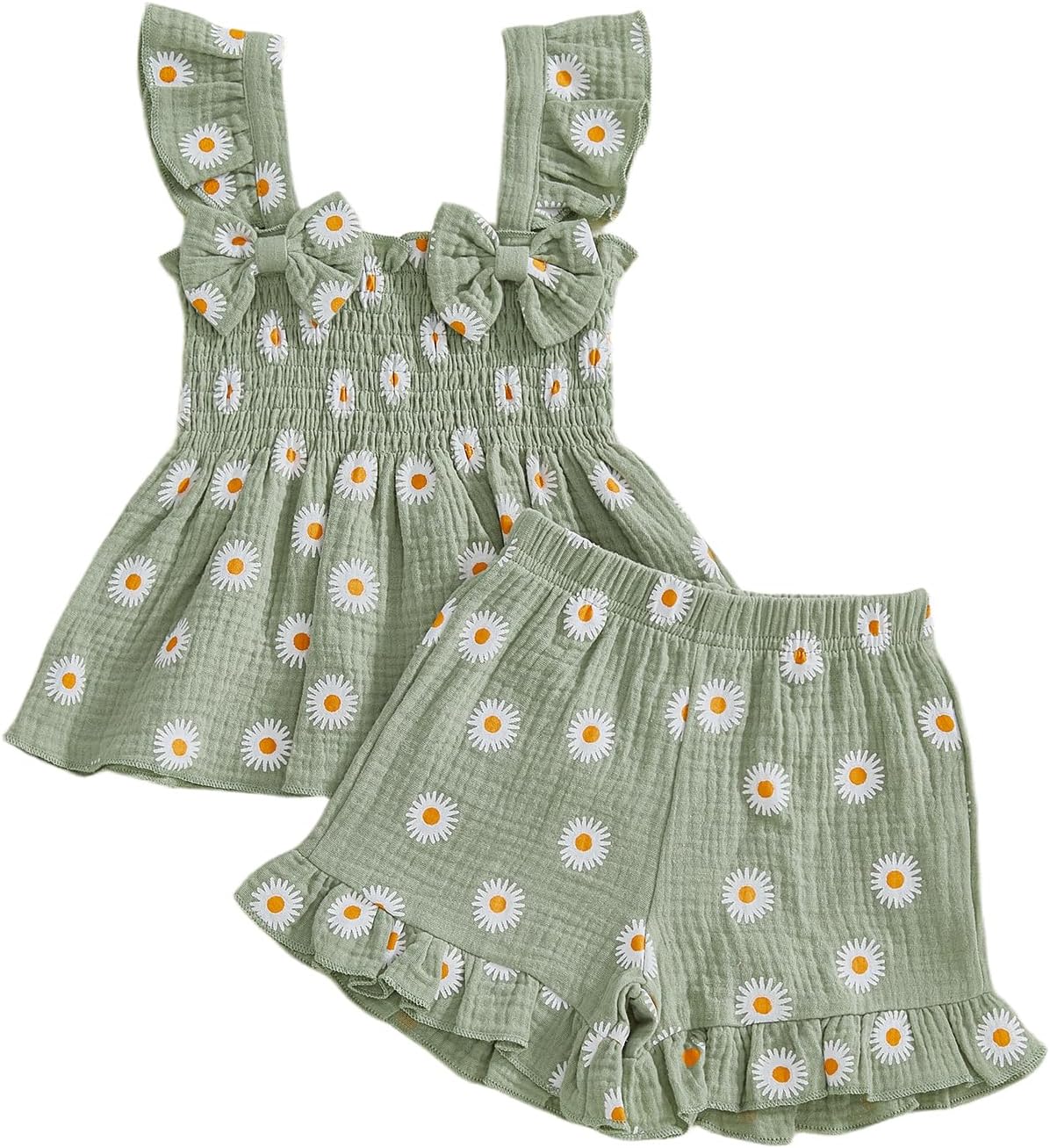Toddler Baby Girl Summer Clothes Bow Plaid Daisy Smocked Ruffle Tank Shirt Top Bloomers Shorts Set Summer Outfits