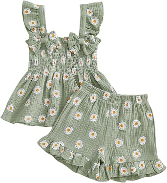 Toddler Baby Girl Outfit Summer Clothes Bow Print Bowknot Smocked Camisole Tank Top Ruffle Shorts Set
