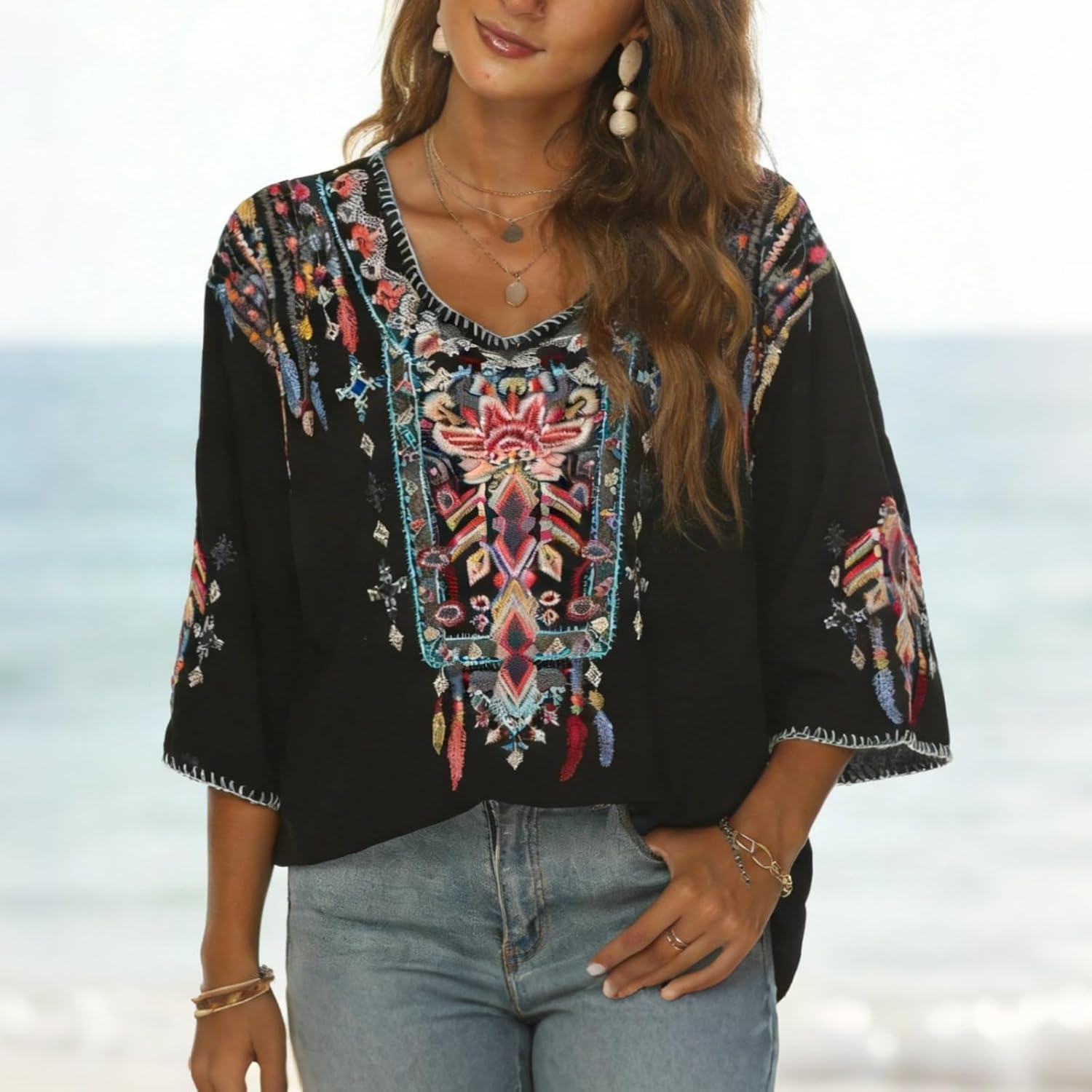 LauraKlein Women Mexican Embroidered Shirt for Women Bohemian Style Top Blouse 3/4 Sleeve Summer Casual Tunics - Image 3