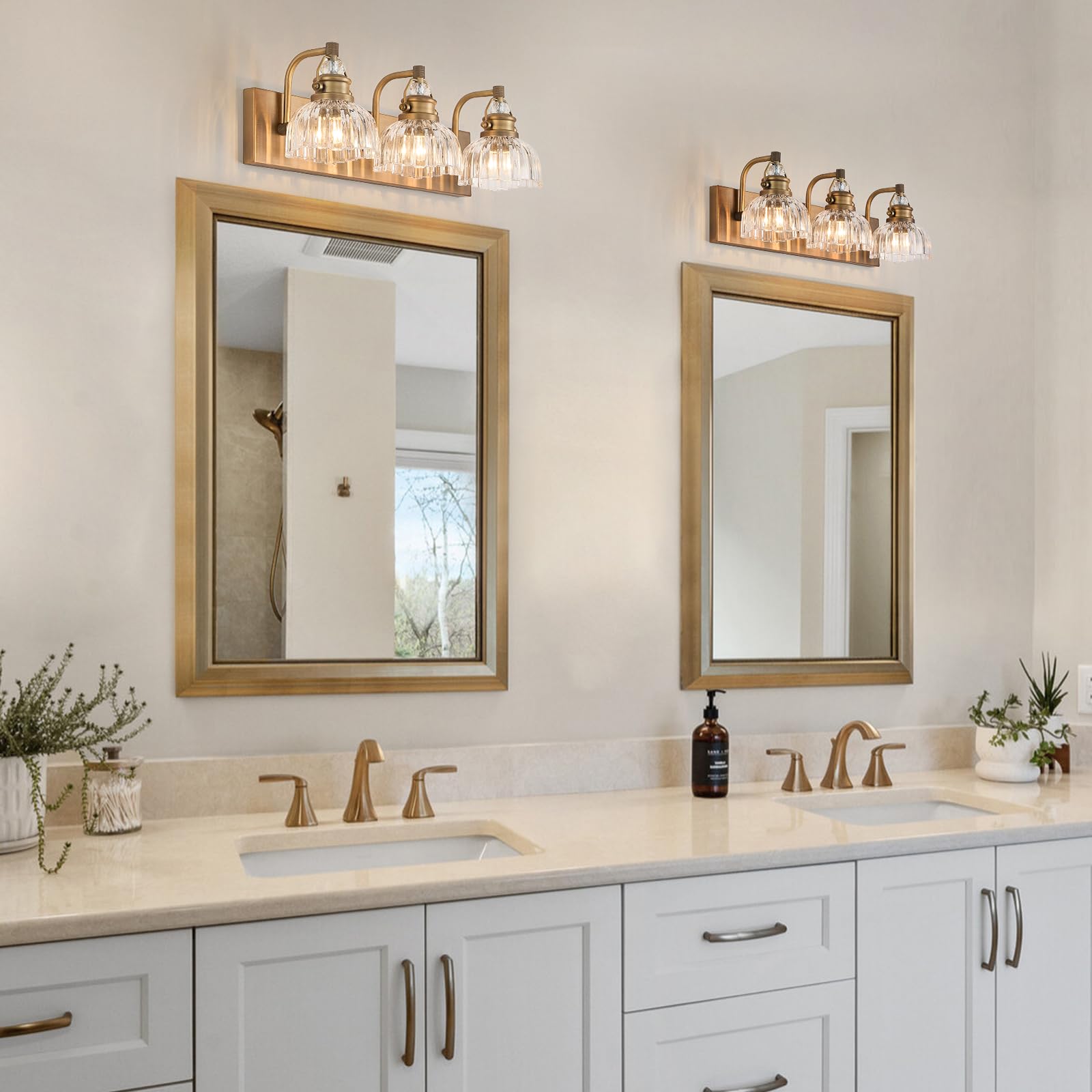 JSDKIUT Vintage Brass Vanity Light Fixtures Bathroom Lighting Fixture Over Mirror 23.83 inches Modern Vanity Light Fixture, 3-Light Bathroom Mirror Lighting (Rust-Proof, Easy Install, Exclude Bulb)