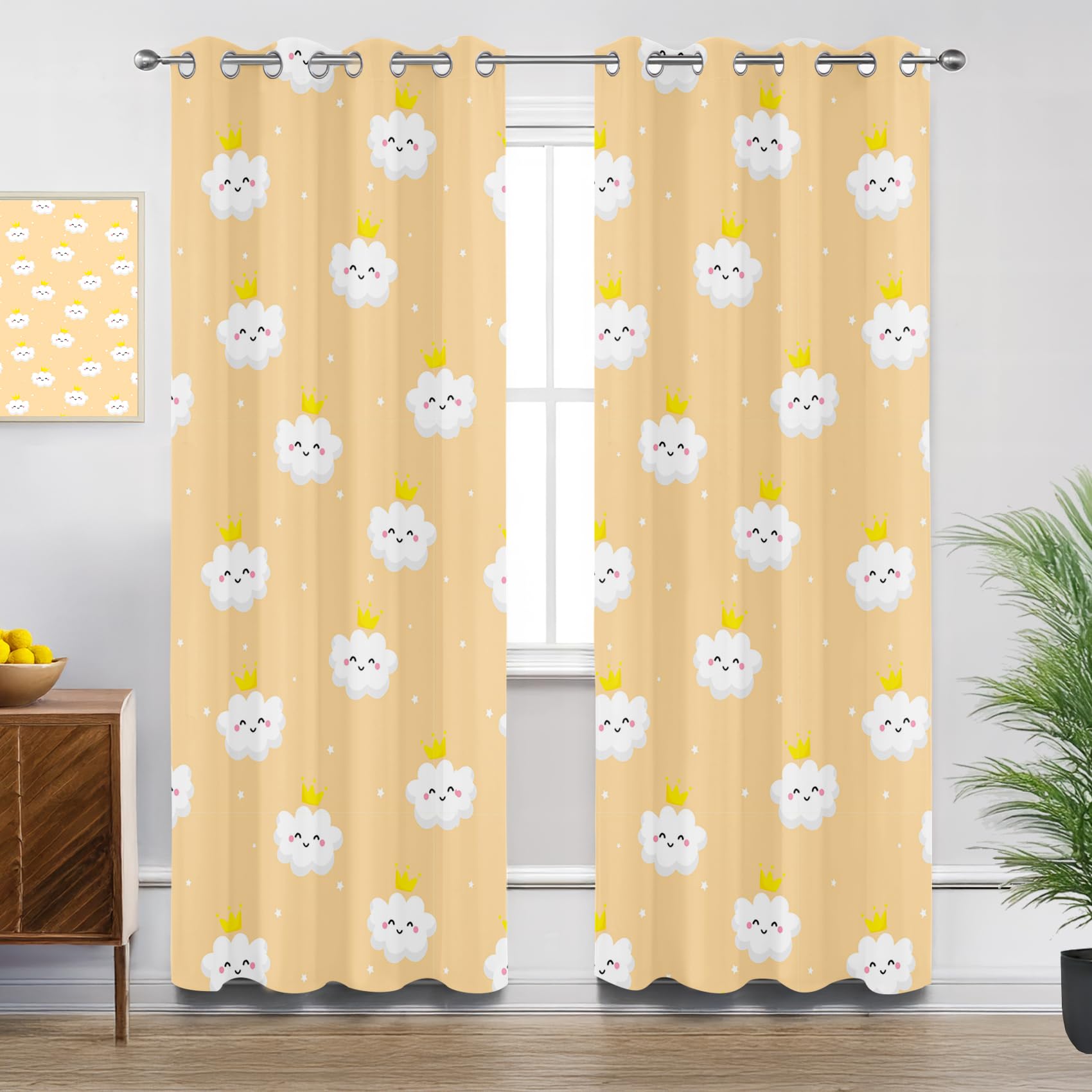 Kids Curtains for Living Room, Orange Cartoon Cute Clouds Nursery Blackout Curtains Thermal Insulated Extra Long Bedroom Curtain Eyelet, W90 X D108, 2 Panels Drapes Home Decorations
