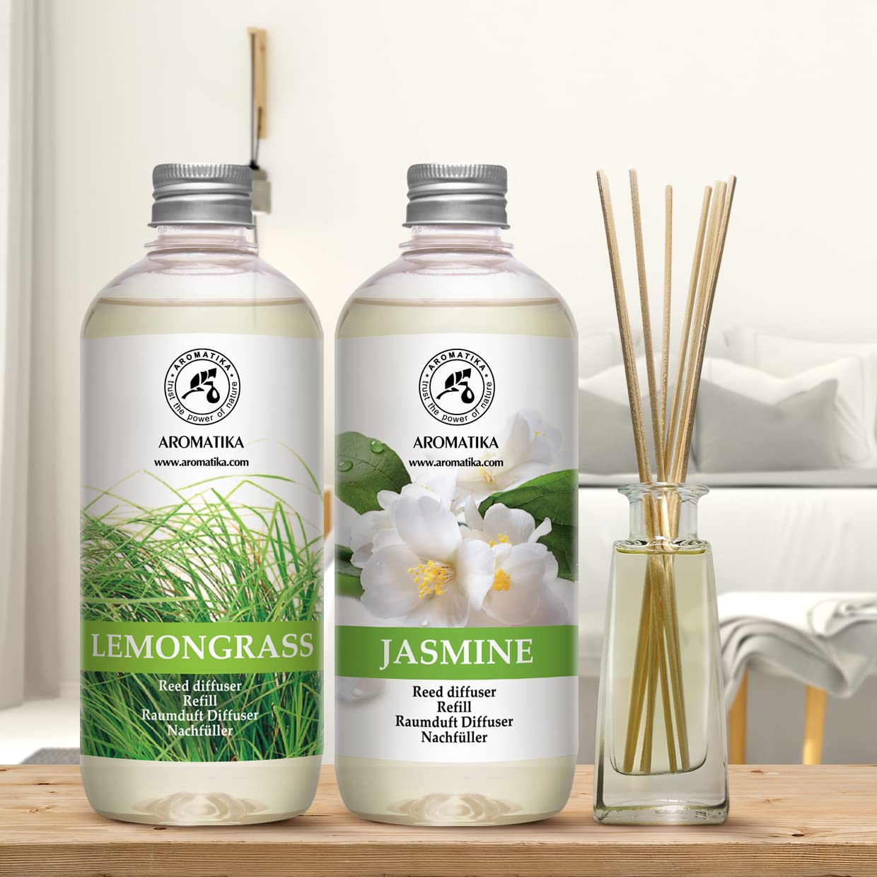 Recharge Diffuseurs de Parfum 2x500ml - аvec Arôme Lemongrass & Arôme de Jasmin - Parfum Frais et de Longue Durée - Aromathérapie - Assainisseurs de Air de la Grand Pièce - Spa - Bain - Restaurant