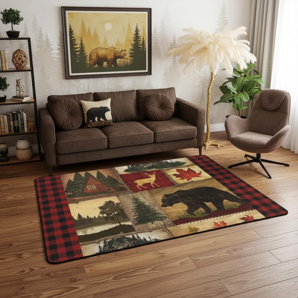 Bear Cabin Plaid Area Rug 6'6" x 4'11" for Home Dorm,Rustic Farmhouse Living Room Rugs,Retro Hunting Deer Carpet,Country Woodland Pine Tree Floor Mat,Maple Leaf Lodge Decorative Rug,Red Black Brown