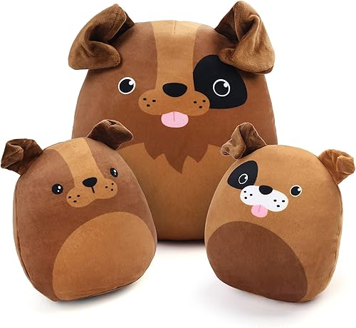 BenBen - Juego de 3 cojines de peluche con diseño de perro, 12 y 7 pulgadas, animales de peluche esponjosos, juguetes para abrazar, Sra. Wags y