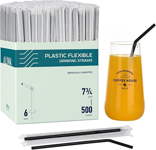 ALINK 500 popotes flexibles de plástico negro, pajitas flexibles de plástico envueltas individualmente, 7.75 x 0.23 pulgadas
