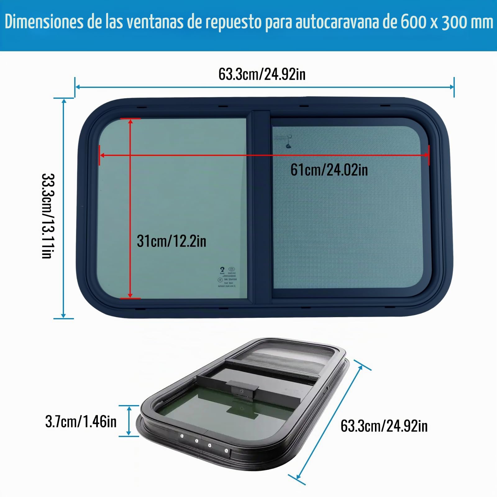 Ventana Autocaravana 600x300mm Con Mosquitera, Ventana Lateral Camper | Ventana De Caravana Con Protección Solar E Insectos, Para Remolques, Autocaravanas Y Proyectos Camper