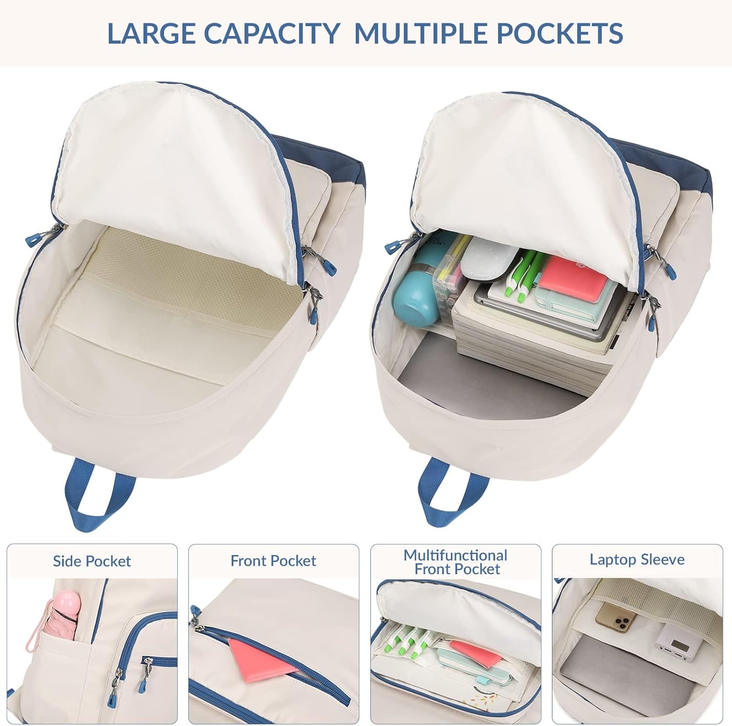 Lohol Classic Backpack for Girls Boys Teens, Lightweight Bookbag for School Travel College (Beige/Blue) - Image 4