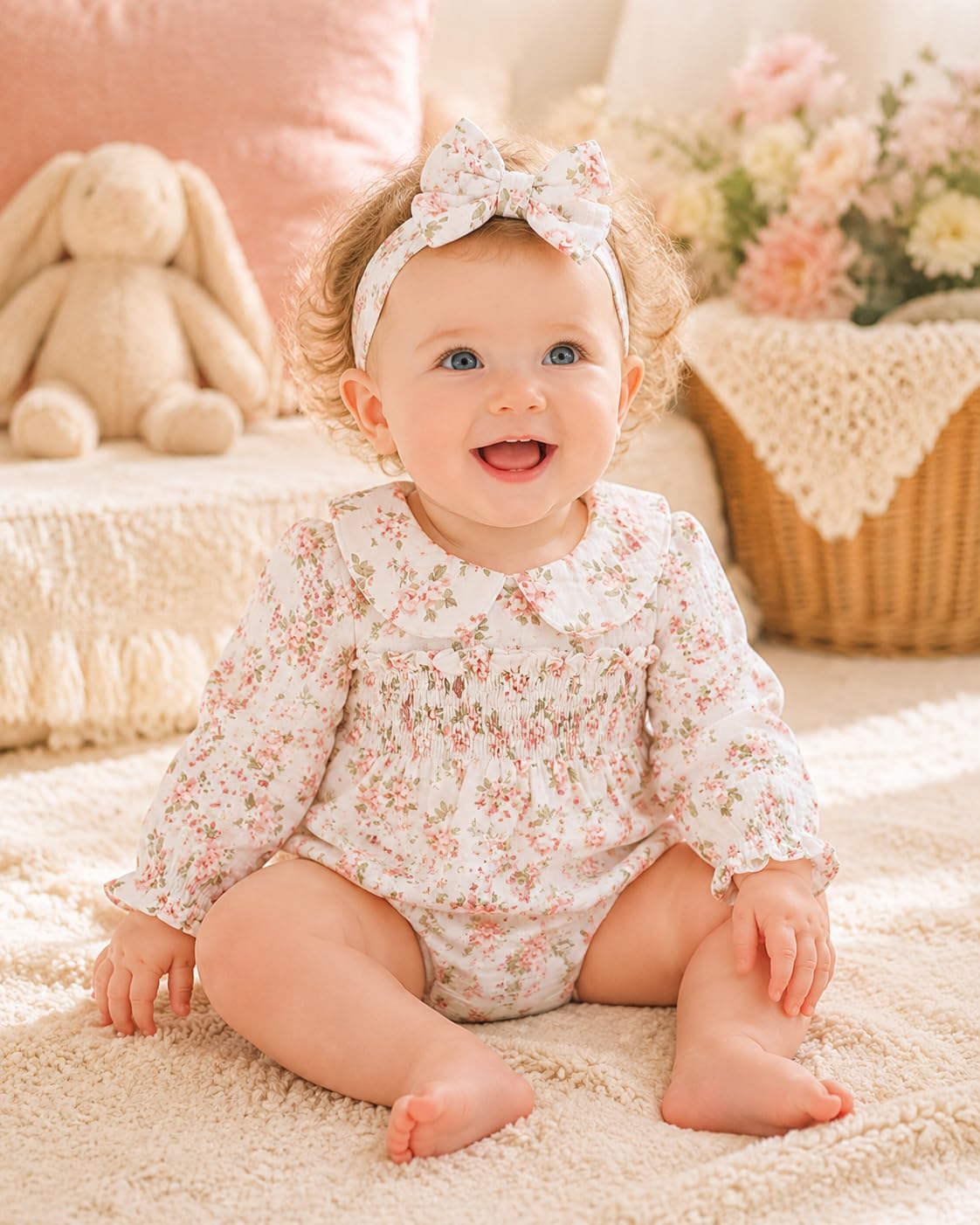 Renotemy Baby Girl Clothes Fall Winter Outfits Smocked Romper Preemie-18M image 3