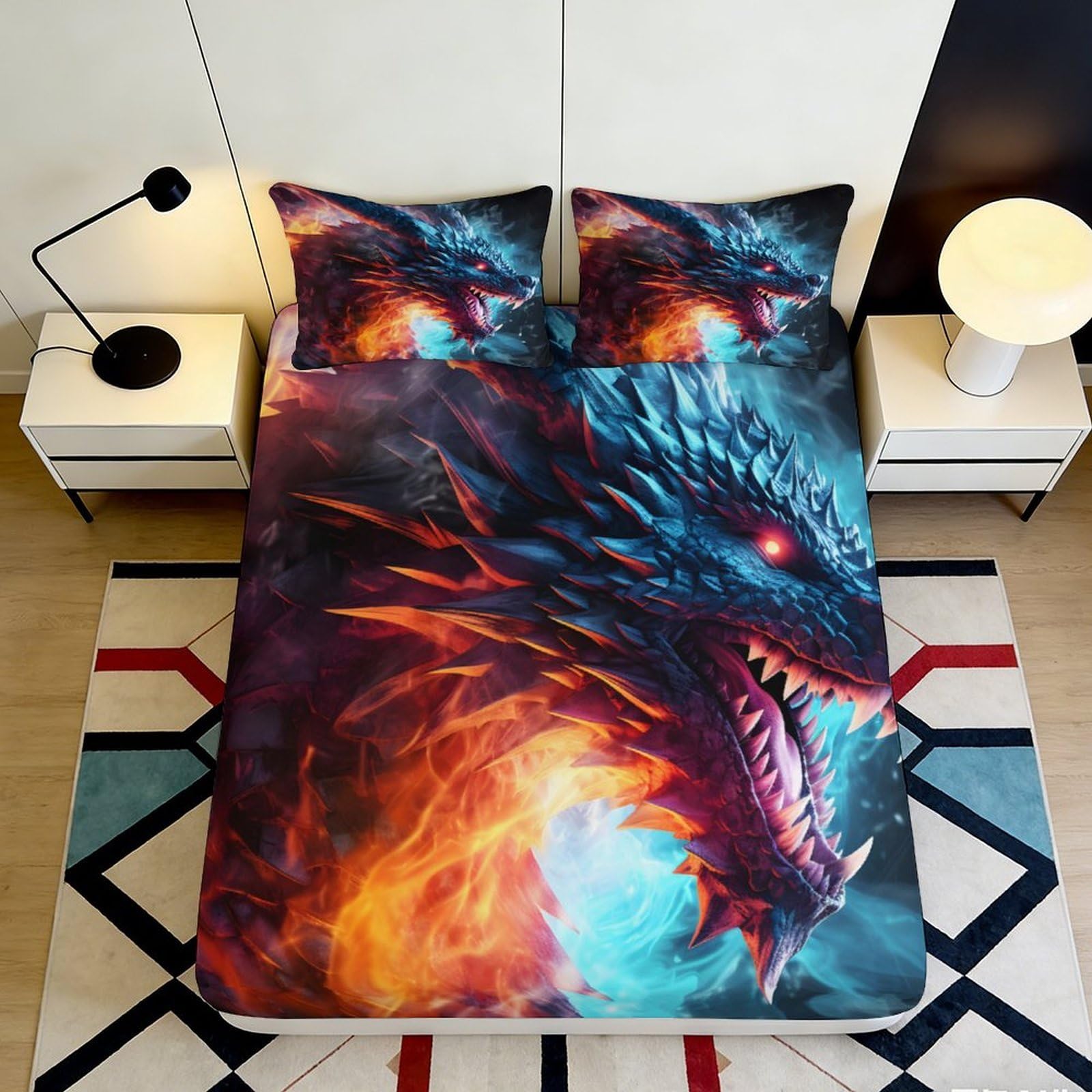 3D Printed Fire Dragon Fitted Sheet Microfiber Vibrant Blue Orange Bed Cover for Bedroom Dorm Mattress Decor 90x200x25cm