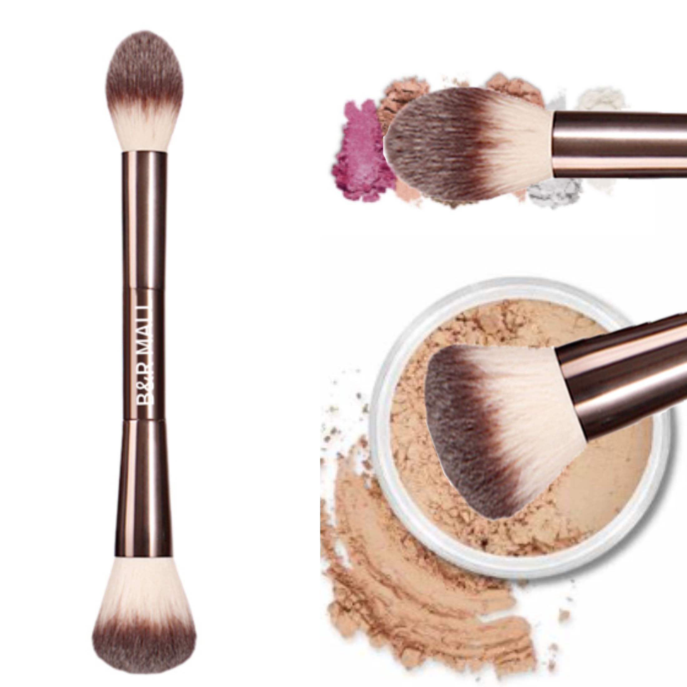 B&R MALL Double Headed Powder Brush – Vegan Luxury Makeup Brush in Elegant Coffee Color with Synthetic Hair for Smooth Powder & Blush Application, Delivering a Flawless, Long-Lasting Makeup Look