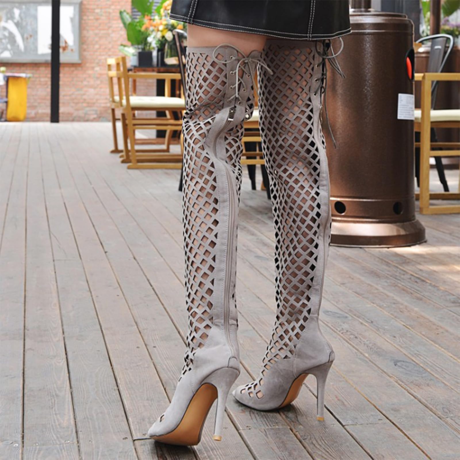 Damskie buty wędkarskie na kolanach Peep Toe Nagie Palce Szpilki Szpilka Hollow Mesh Zamek Błyskawiczny Sznurowadła Klub Nocny Impreza Festiwal Muzyka