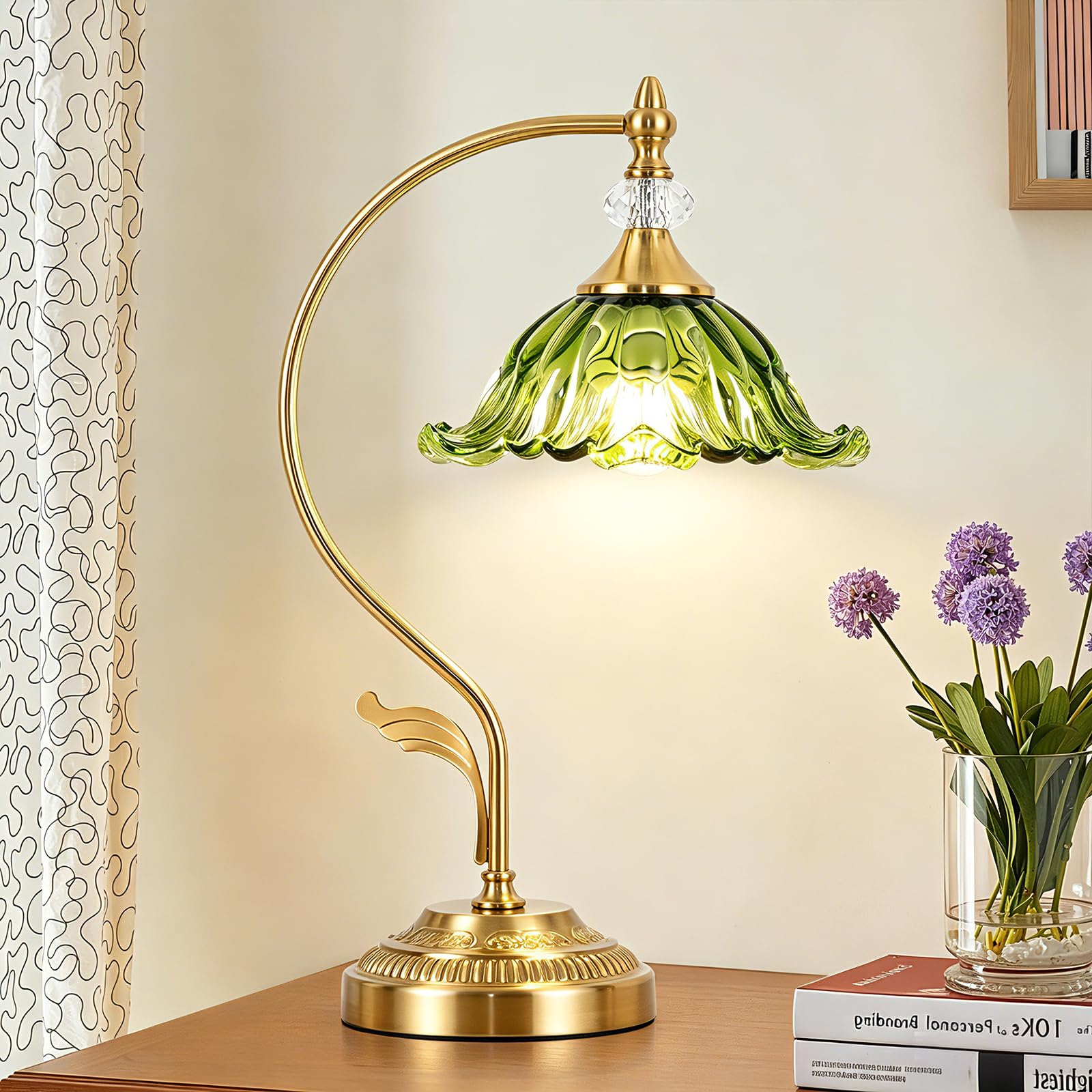 Vintage Table Lamp, Glass Beside Table Light, Plug-in Flower Nightstand Lamp, Table Lamps for Bedroom,Living Room,Home Office(Green)
