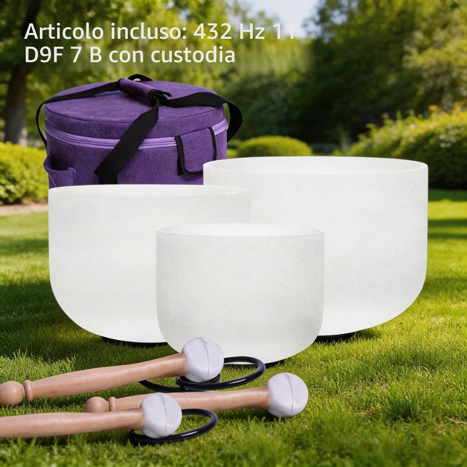 Energysoun - Set di 3 campane tibetane in cristallo di quarzo satinato, 432 Hz, 28 cm, F, 17,8 cm, B, con custodia in tela
