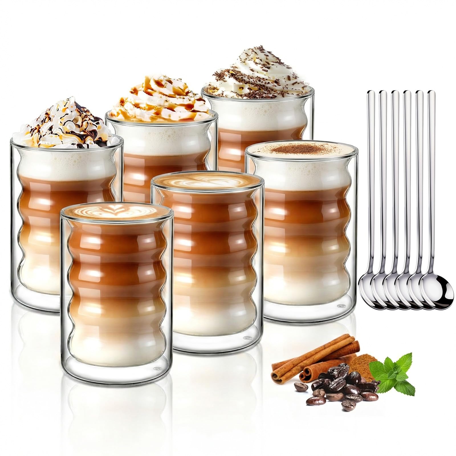 ecooe Szklanki do kawy o podwójnych ściankach 350 ml, szklanki do latte macchiato, zestaw 6 sztuk, szkło borokrzemowe, filiżanki do kawy, szklanki do herbaty z łyżeczką do cappuccino, herbaty, lodów,