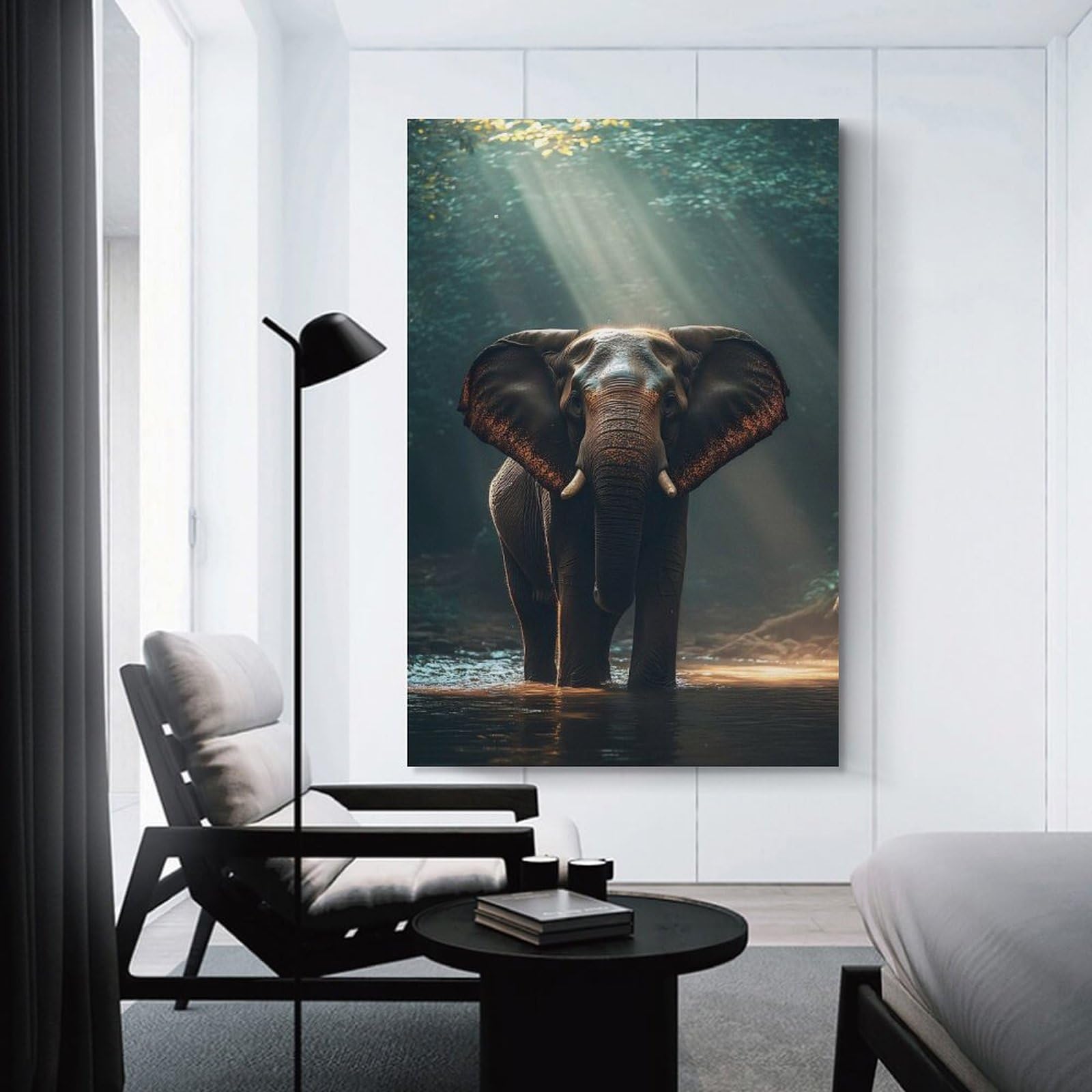 Junmoney Unframe-Style Wall Art Print Elephant In A Sunlit Forest Stream, 24X36inch(60X90cm), For Home Lounge, Bedroom Or Reading Nook, Modern Wall Decor For Cosy Interiors