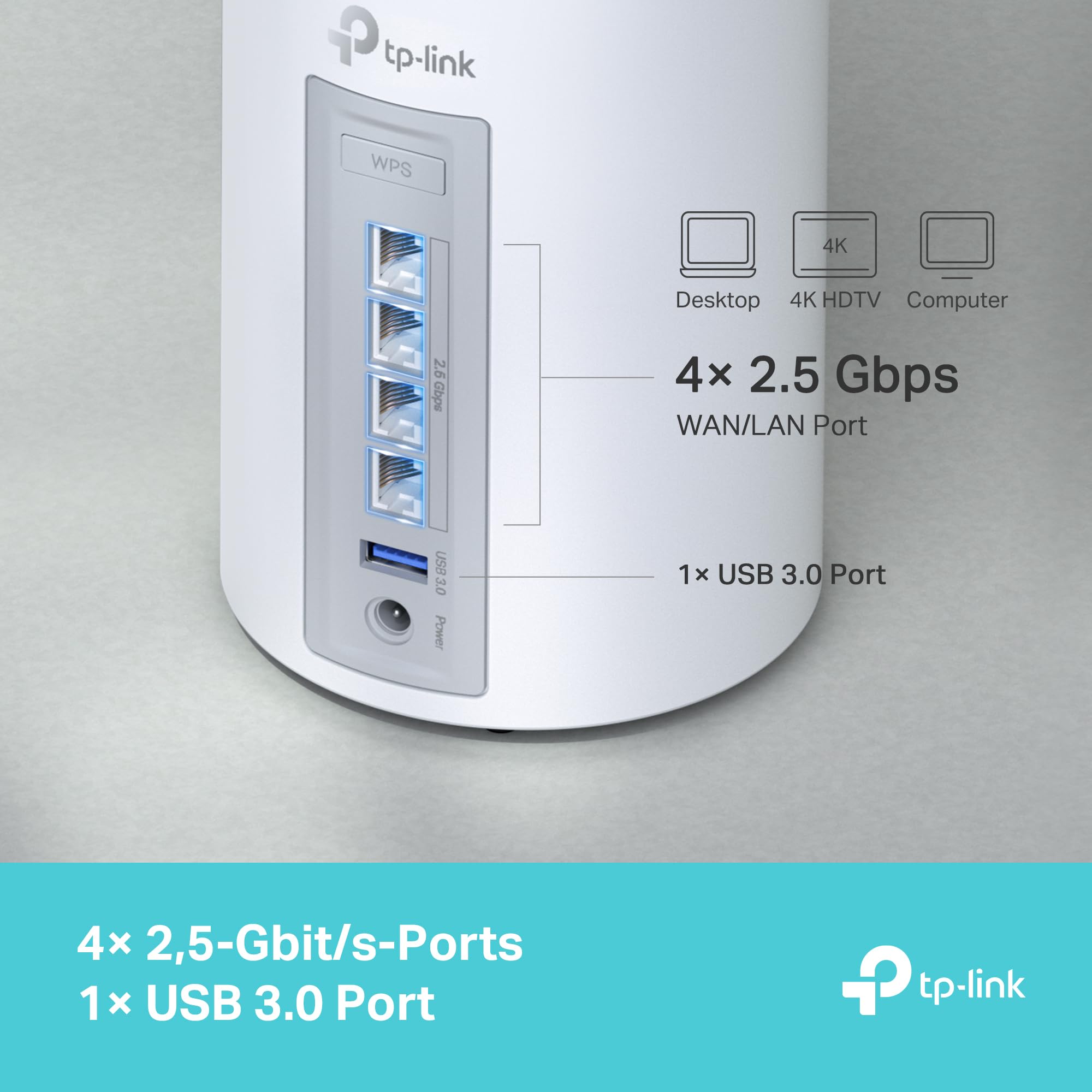 TP-Link Deco BE65 Wi-Fi 7 Mesh WLAN Set(3 Pack), Tri-Band 5760 Mbit/s (6 GHz) + 2880 Mbit/s (5 GHz) + 574 Mbit/s (2,4 GHz), 6 Streams, 4× 2,5G Ports, 1× USB 3.0