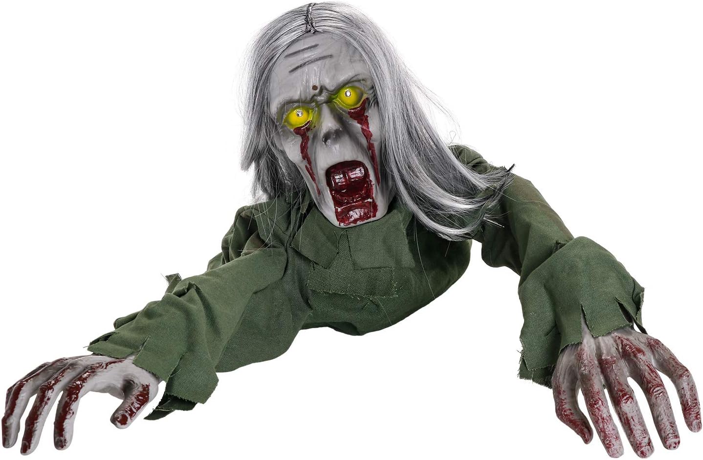 Animated Crawling Zombie Ghost Torso Groundbreaker with Moving Body LED Eyes Prop Decoration - 2/3 Life-Size, Touch Activated, Scary Screaming Bloody Face - Haunted House Graveyard