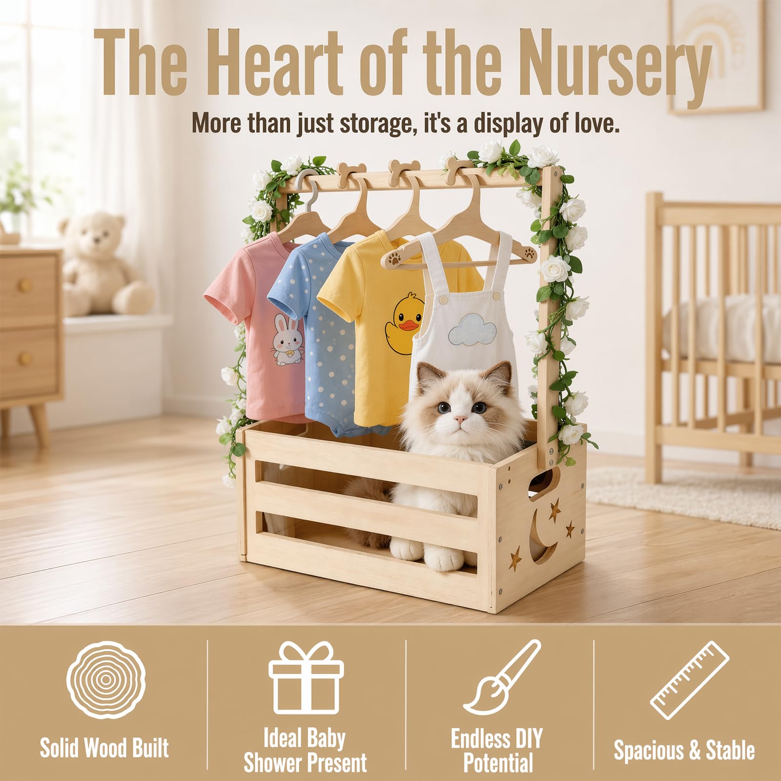 Holz Babyparty Kiste Kleiderbügel Praktische Baby mit Griff, Kinder Kleiderbügel und Girlande -Aufbewahrungskiste Bambus-Dekorbox Mehrzweck Babyparty Geschenkkorb für Schwangere Neue Eltern