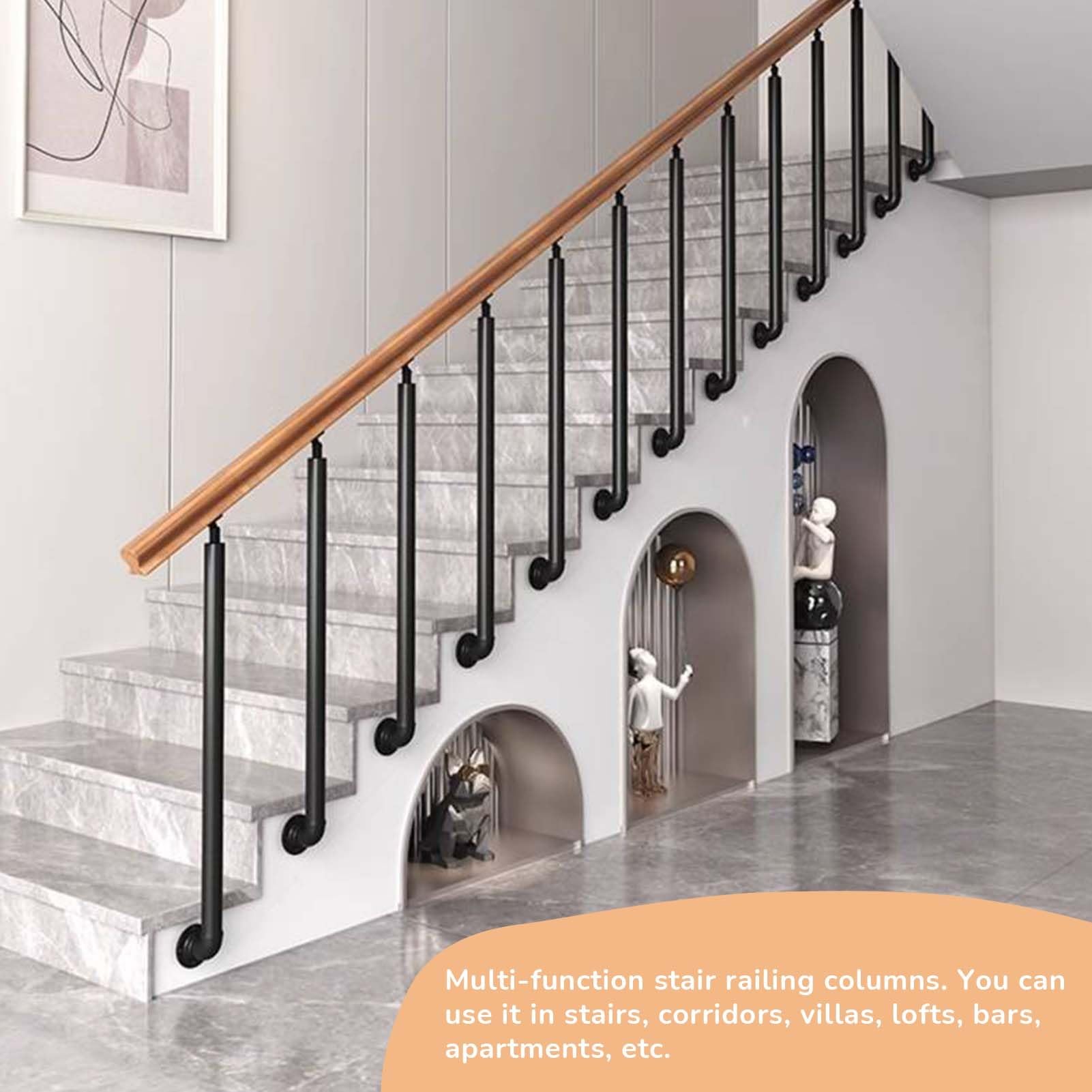 Columna de balaustres de barandilla de porche de hierro forjado, husillos de cubierta de metal para interiores y exteriores, poste de escalera negro con soportes de ángulo ajustables de 270°(95cm(37.4