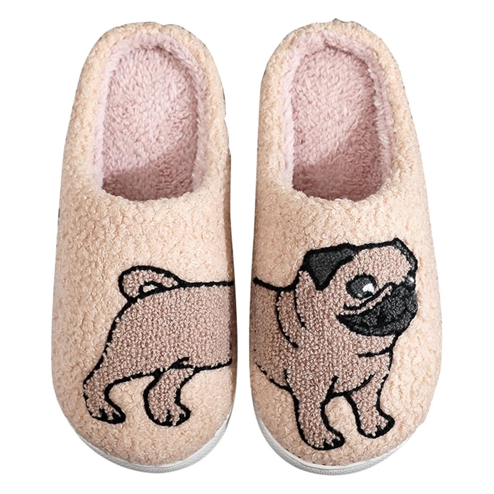 ERHTGUO Plush Pug Slippers Anti Slip Flat Thermal Cartoon Fluffy Couple Fuzzy Animal For Indoor Bedroom(42-43)