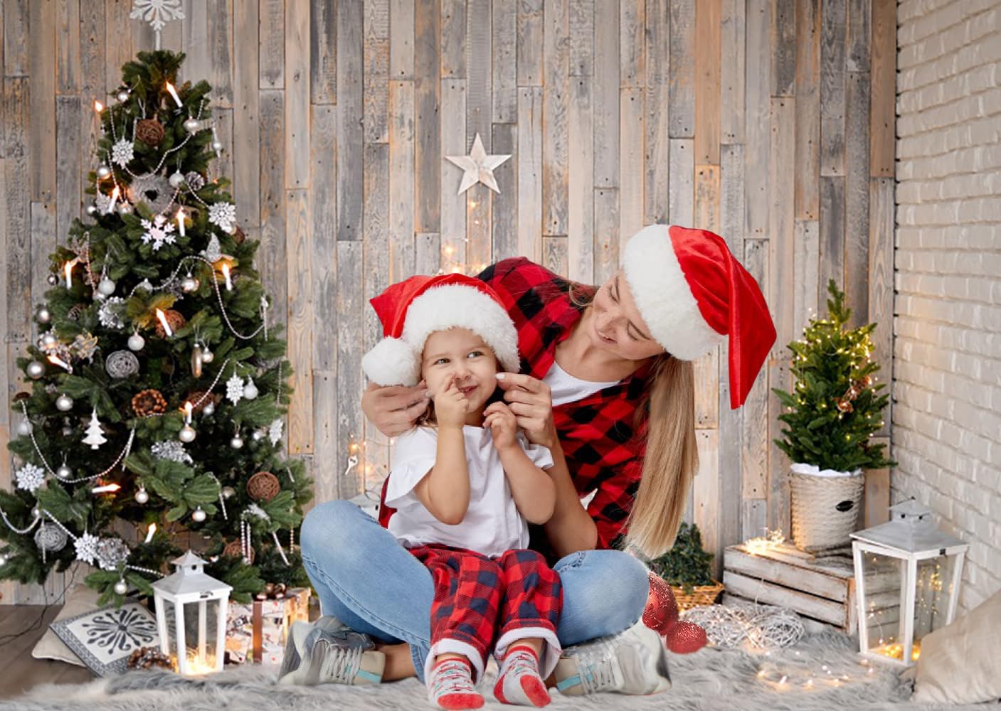 3x2.4m Sfondo Natale Albero di Natale Rustico Marrone Muro Stelle Regali Ghirlanda Fotografia Sfondo Famiglia Inverno Vacanze Natale Capodanno Compleanno Decorazioni Banner Photo Booth Props