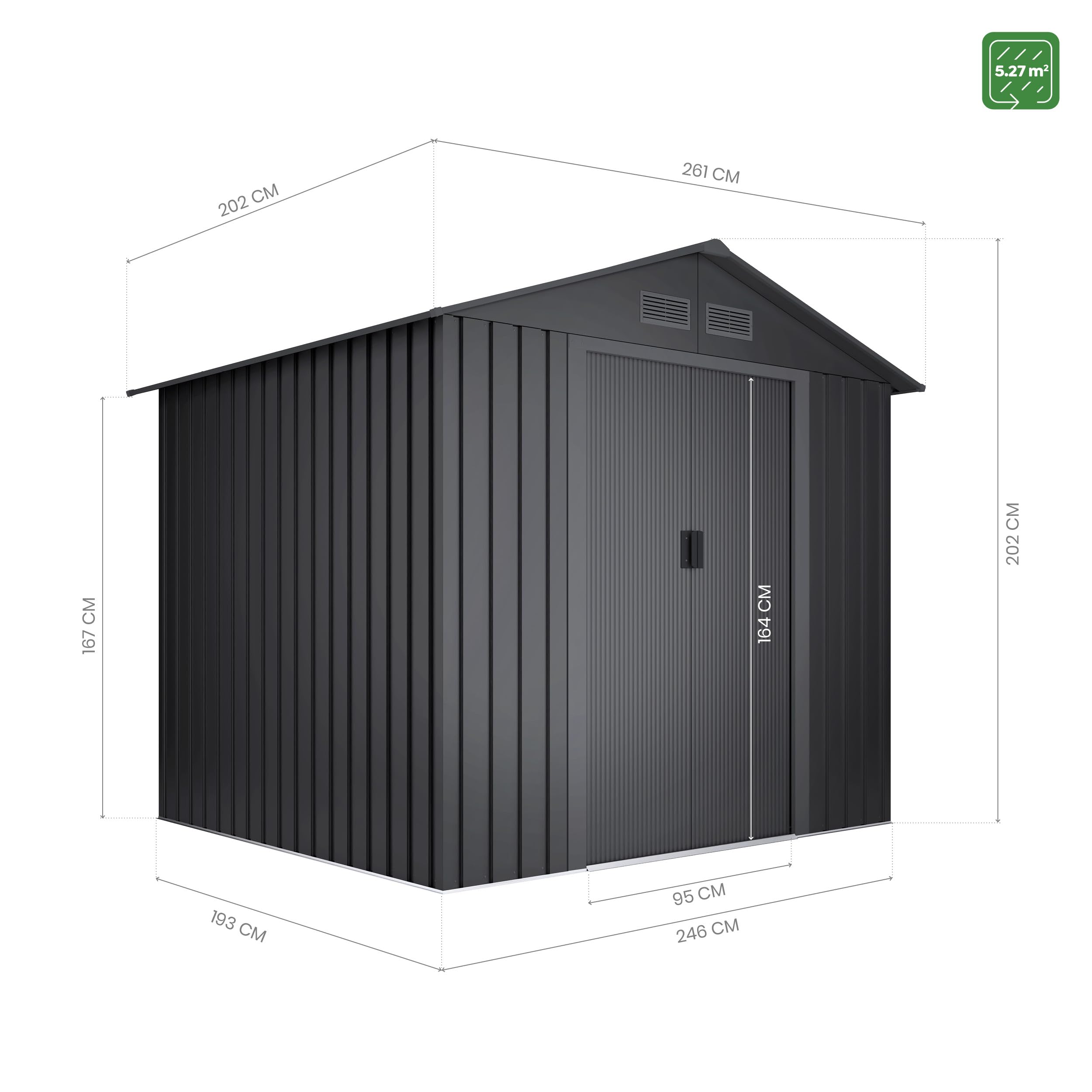 Wasabi - Casetta di Giardino in Metallo 5,27m2 Light Anthracite – 261x202x202cm - 4 Griglie Anticondensa - Porta Scorrevole Doppia – Tetto a Due Spioventi - Capanno di Metallo per Stoccaggio Esterno