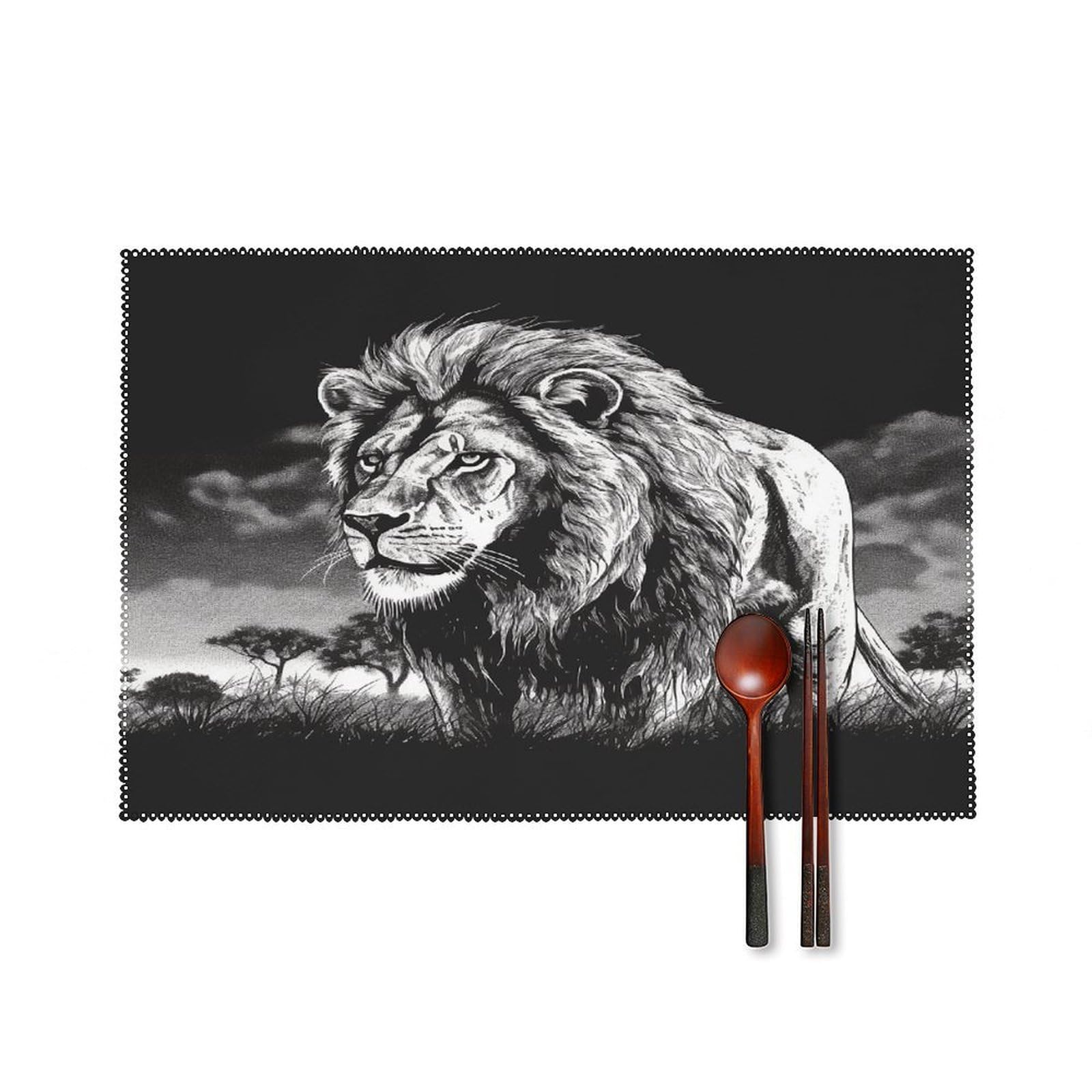Lion Black and White Illustration Placemats Set of 6 Non-Slip Stain Resistant Indoor Outdoor Table Mat Washable Cloth Place Mat Fashion Kitchen Placemat for Dining Table Decoration 17.7x11.8 in