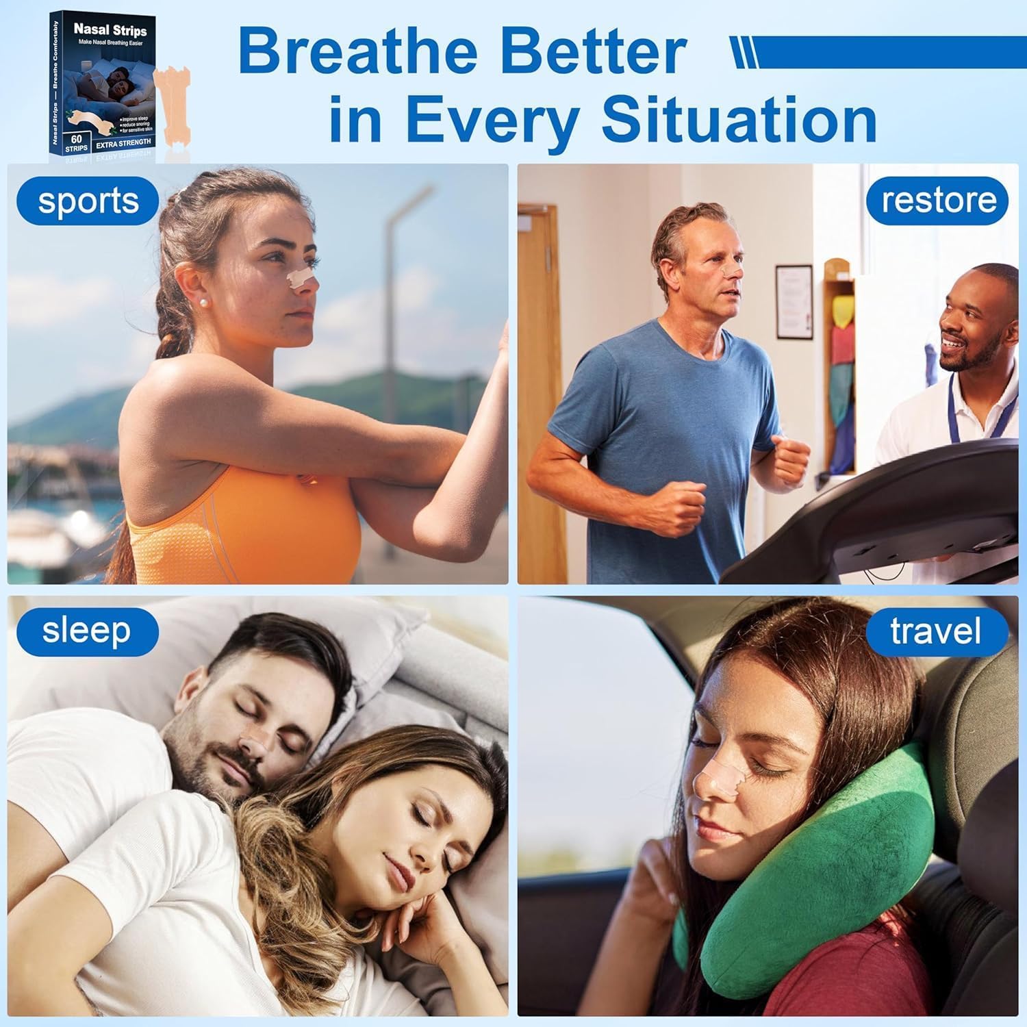 Tiras Nasales Antironquidos - Nasal Strips, 60 piezas Nose-Strips Tiritas Nariz para Deportivas Dormir - E1