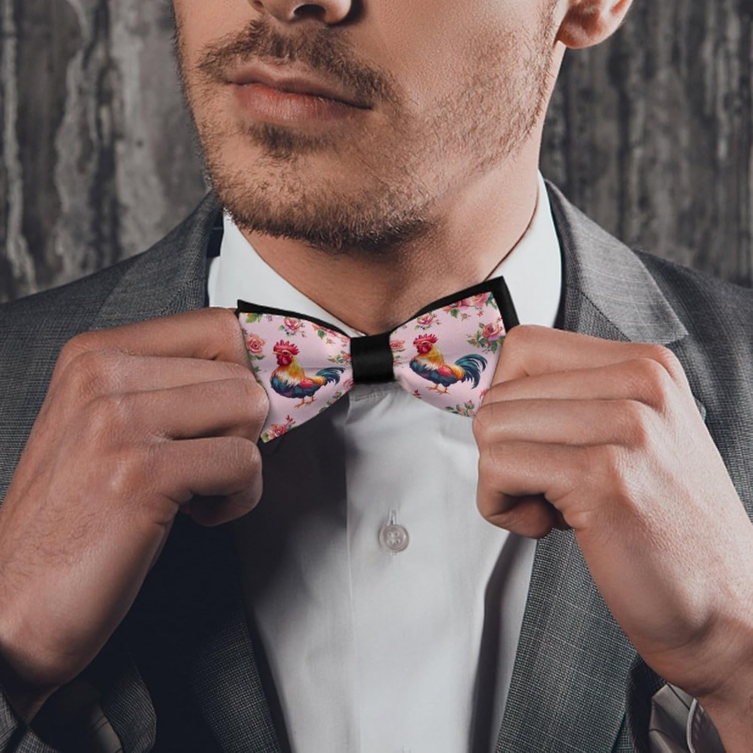 Rooster Chicken Flower Bow Ties for Men Fun Printed Pre Tied Adjustable Bowtie for Party Wedding