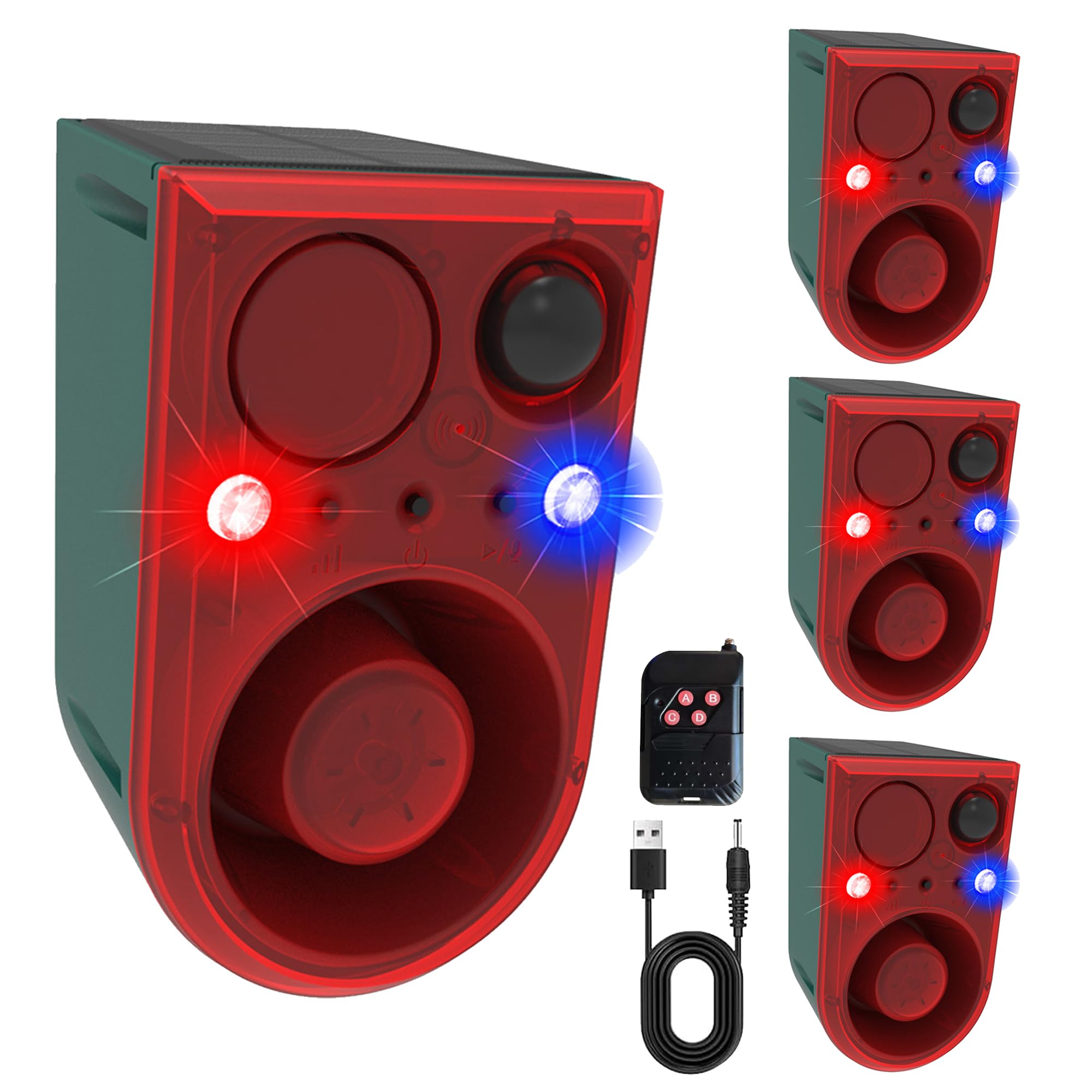 Alarme Solaire d'extérieur avec détecteur de Mouvement - avec télécommande - 13 Types de Sons - Lumière stroboscopique Rouge et Bleue avec USB - Dites Adieu aux intrus