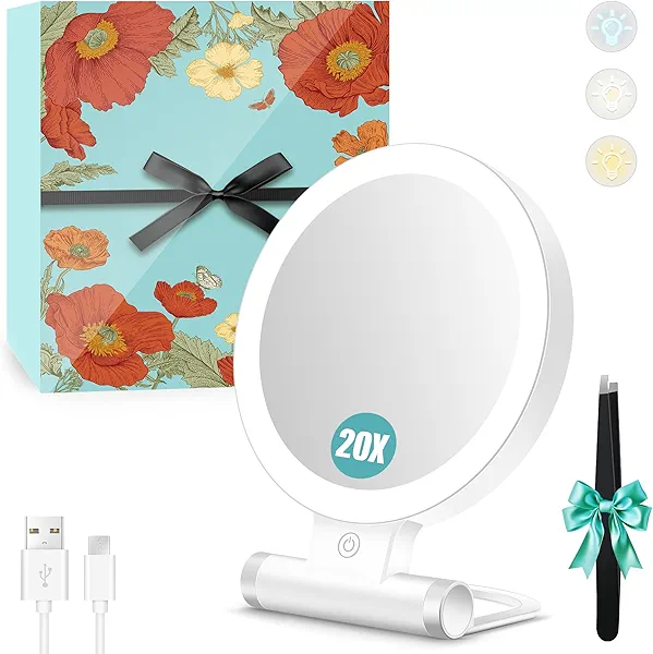 B Beauty Planet Magnifying Mirror with Light 20X/1X,Double Sided Tabletop Mirror with Adjustable Folding Handle,Cosmetic Mirror for Makeup/Travel, Tweezing, and Blackhead/Blemish Removal (9"L x 7"W)