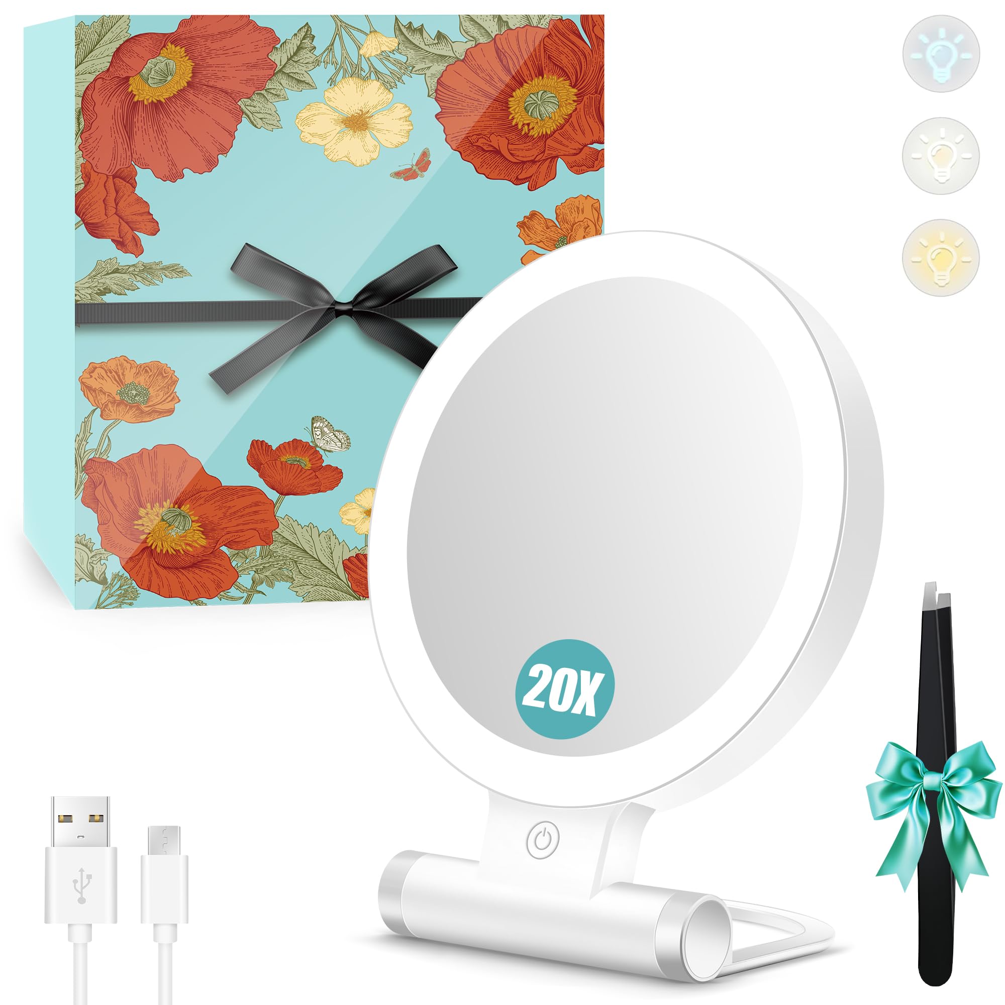 Magnifying Mirror with Light 20X/1X,Double Sided Tabletop Mirror with Adjustable Folding Handle,Cosmetic Mirror for Makeup/Travel, Tweezing, and Blackhead/Blemish Removal