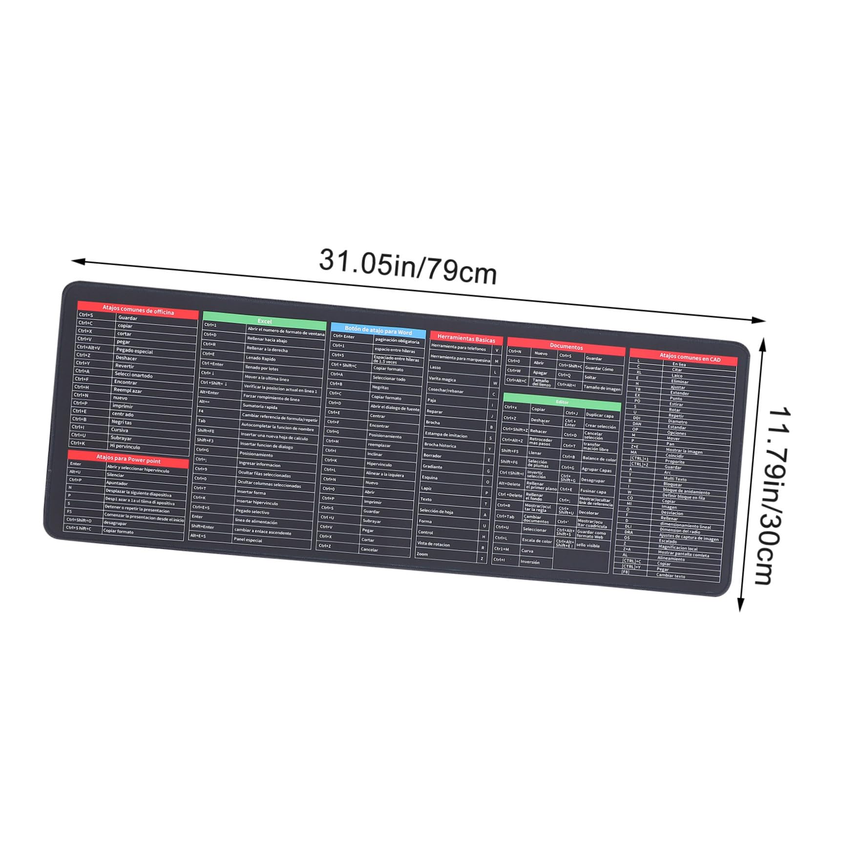Ciieeo Extra Großes Mauspad 300x800x3mm Wasserfest mit Excel | Spickzettel für Tastenkombinationen, Tastatur und Mausfläche, Spanisch