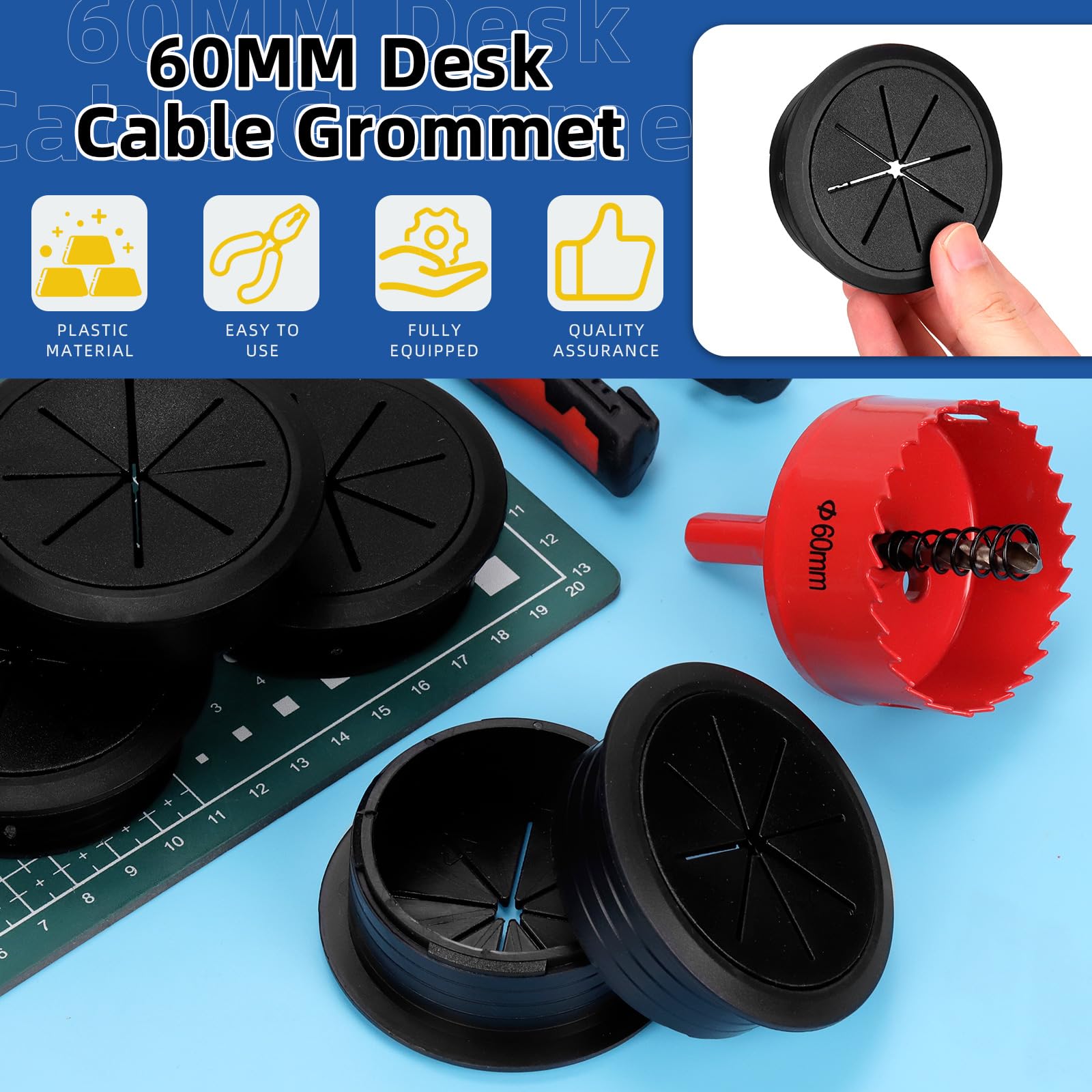Glarks 60mm passacavi flessibili scrivania set 6 pezzi copertura foro cavi