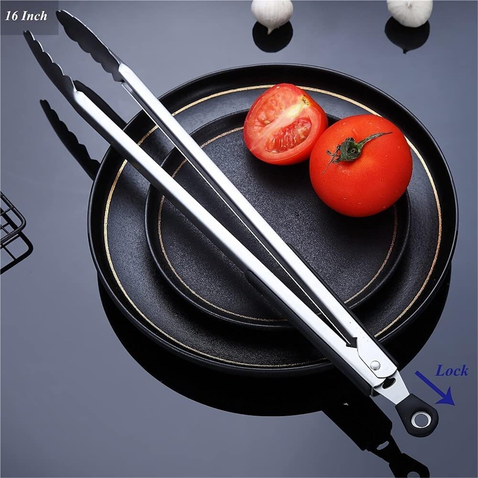 Küchenzange, Edelstahl-Grillzange for Kochen von Steaks, Rot und Schwarz, 20–44 cm(Black,42cm)