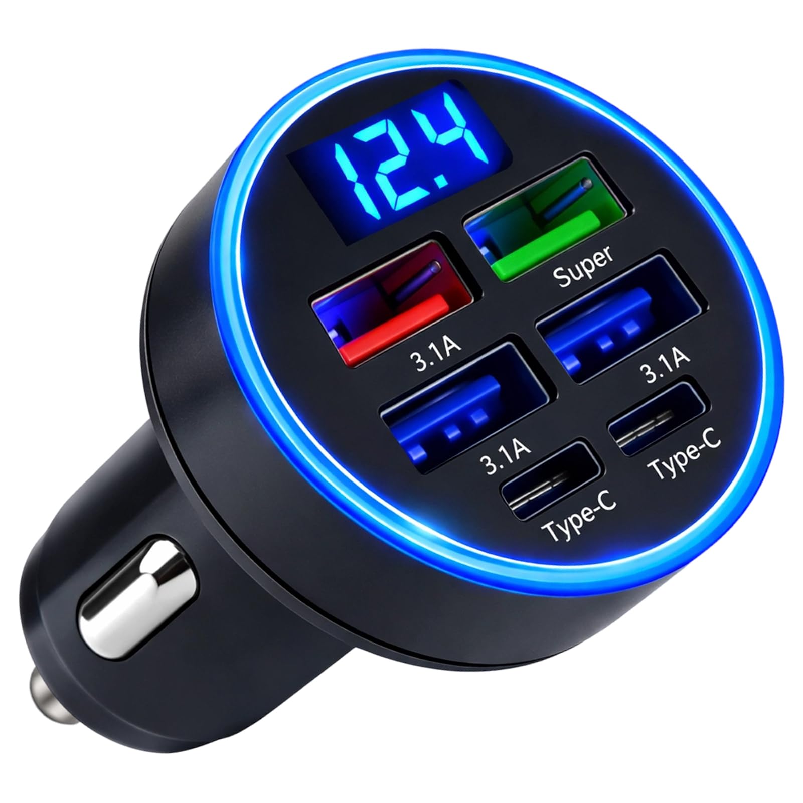 LED USB Car Charger Adapter 6 In 1, 6-Port 12/24V Fast USB Car Charger, 2 Type-C Ports Plus 4 USB Ports Cigarette Lighter USB Charger with Led Voltmeter, Compatible with Most Mobile Phones